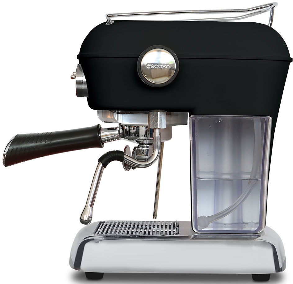 Machine à expresso Ascaso noire avec base chromée, réservoir d'eau et poignée. Vue de face.
