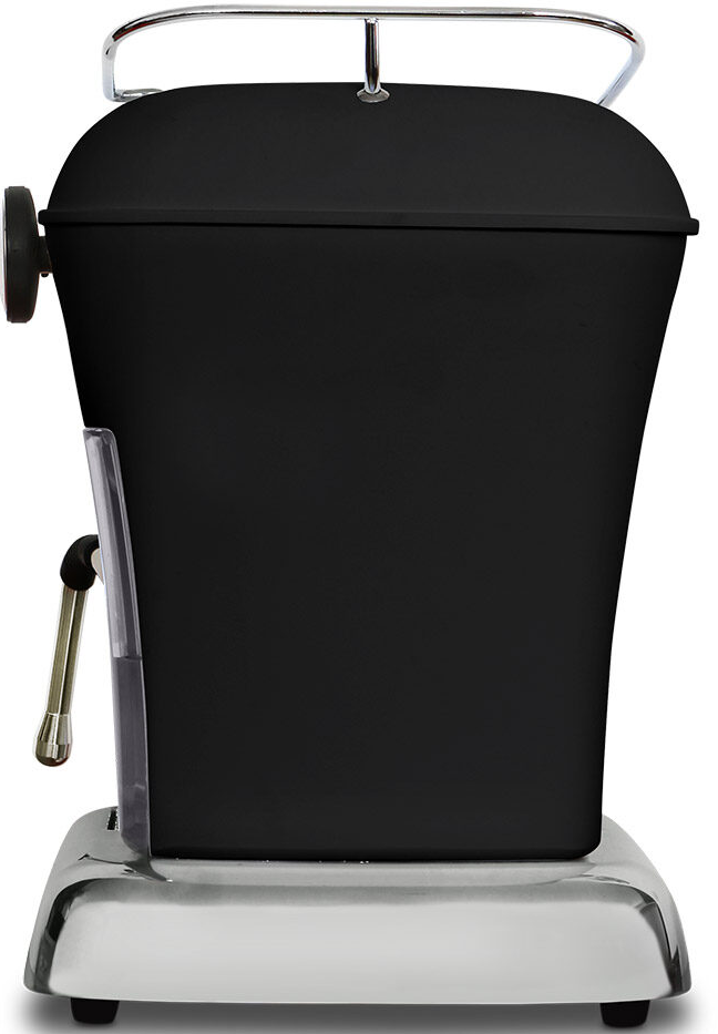 Machine à expresso Ascaso noire, vue arrière, avec base et poignée chromées. Réservoir d'eau visible.