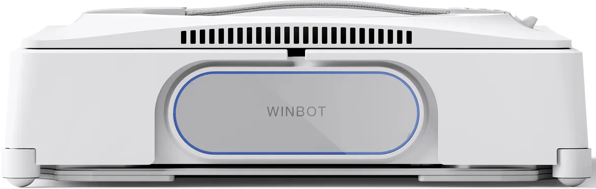 Pulitore per vetri robot Winbot bianco, vista dall'alto. Mostra la parte superiore con il logo Winbot.