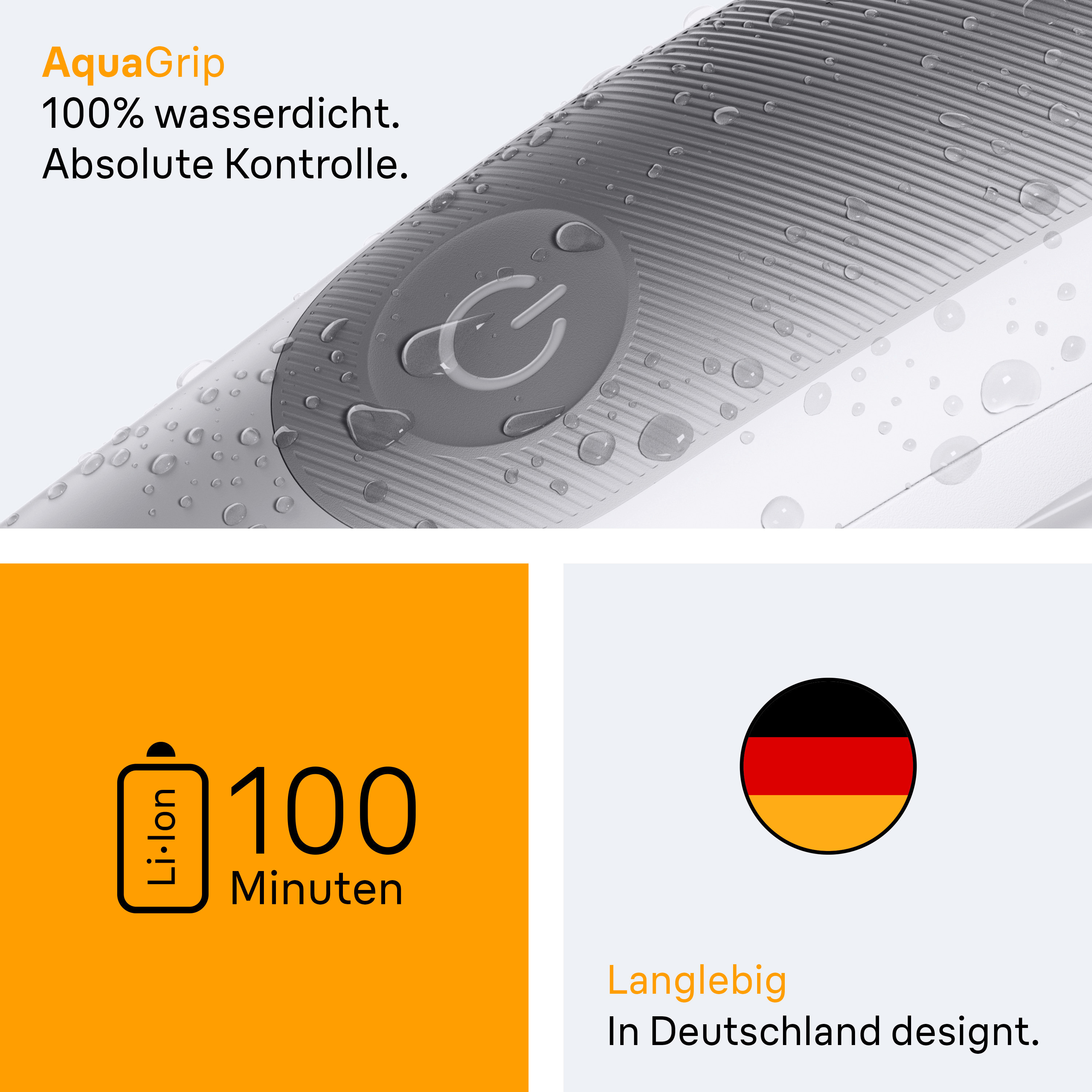 Nahaufnahme einer weißen elektrischen Zahnbürste. Wassertropfen sichtbar. Text zum Akku.