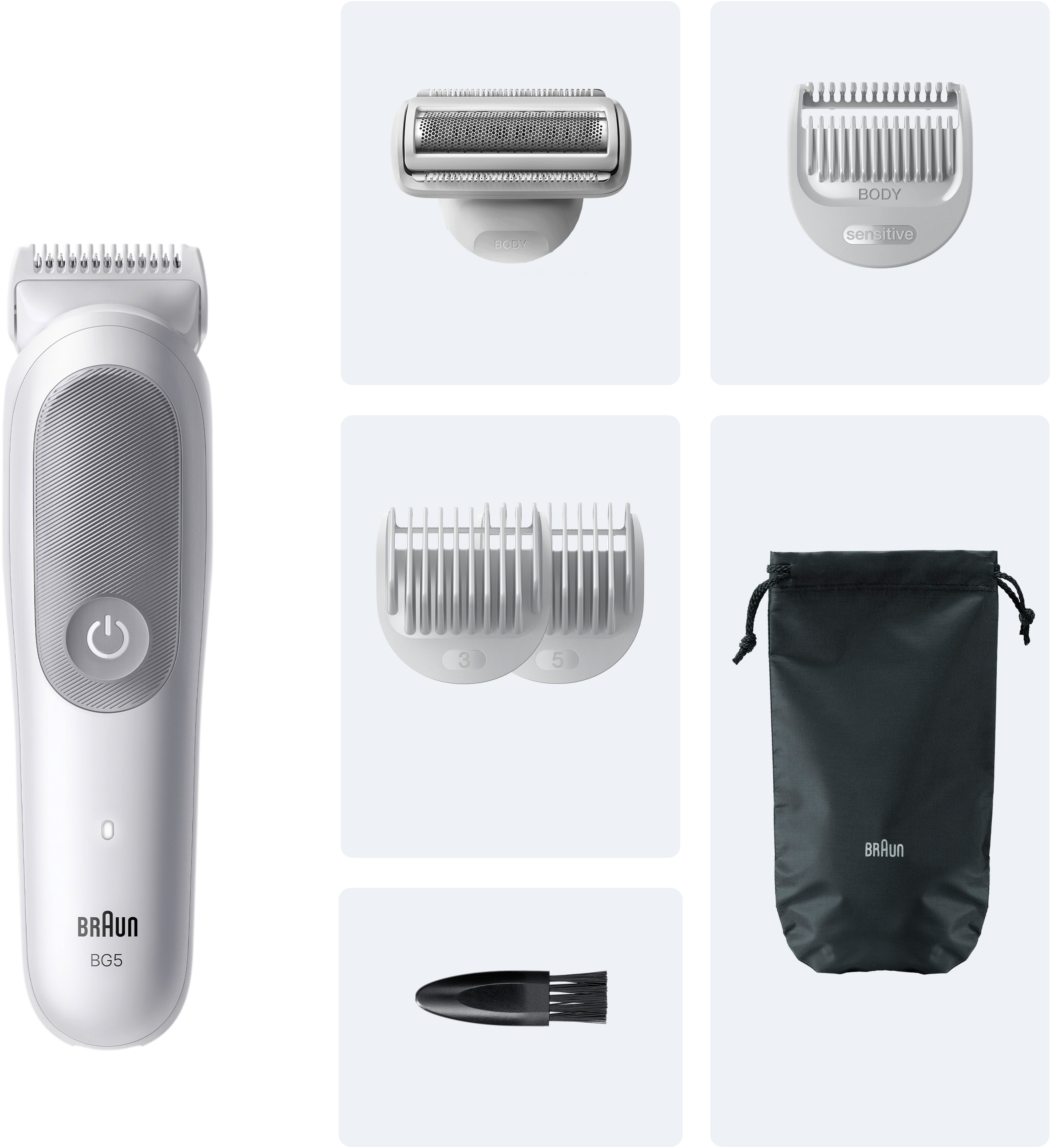 Ein weißer Braun-Trimmer mit Aufsätzen: Trimmerköpfe, Kämme, eine Tasche und eine Bürste.