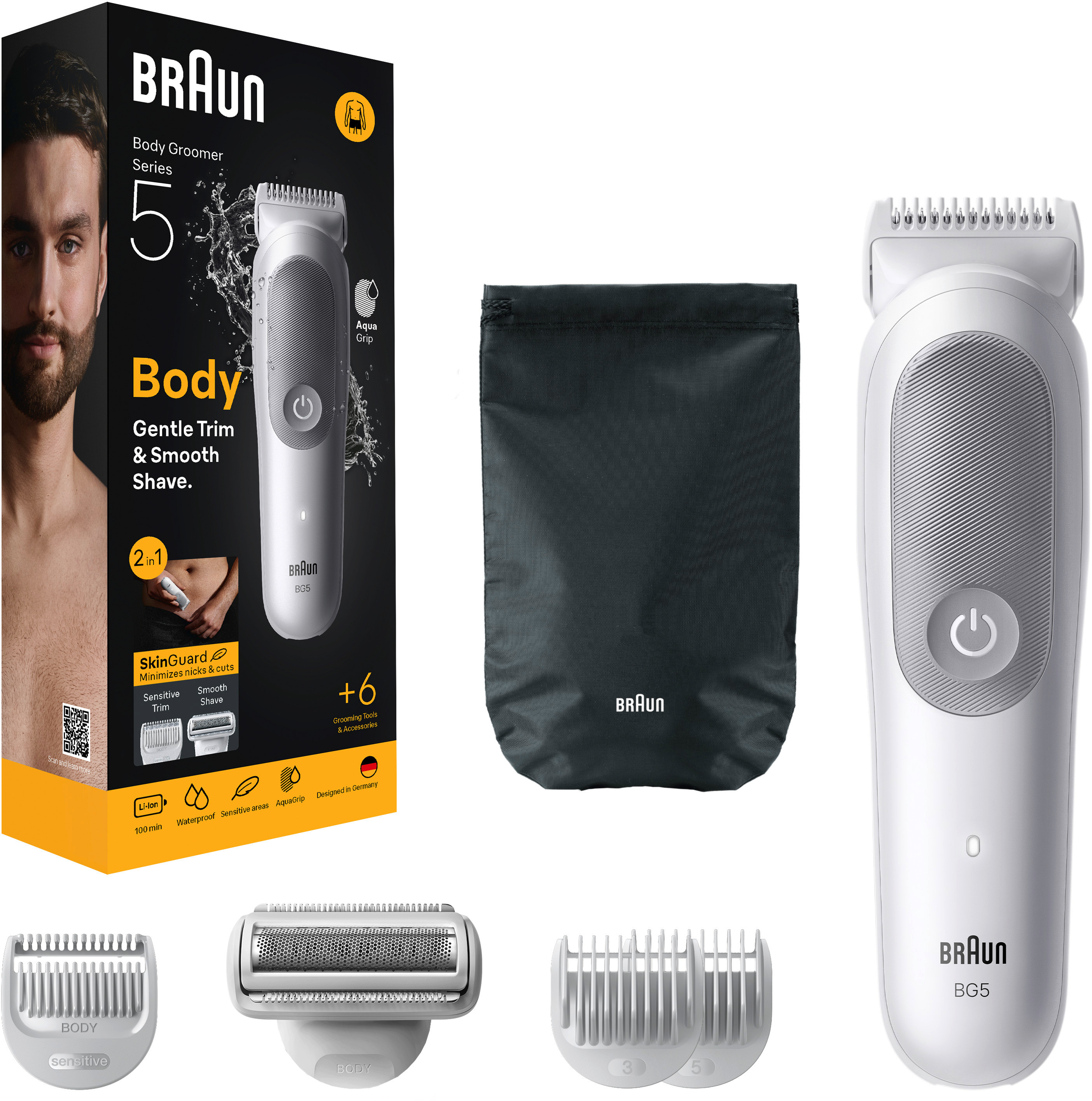 Braun Series 5 Body Groomer-Kit. Enthält den Trimmer, Klingen und eine Tasche, alles auf weißem Grund.