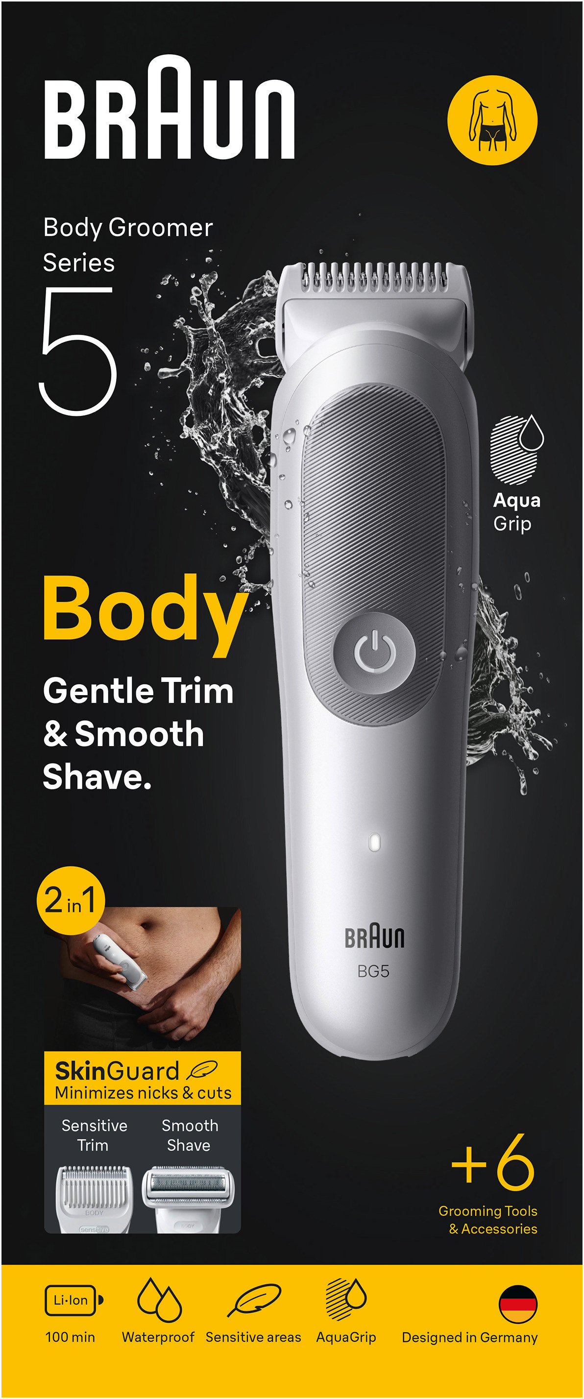 Braun Body Groomer Series 5 Produktverpackung mit Trimmer, Funktionen und Zubehör.