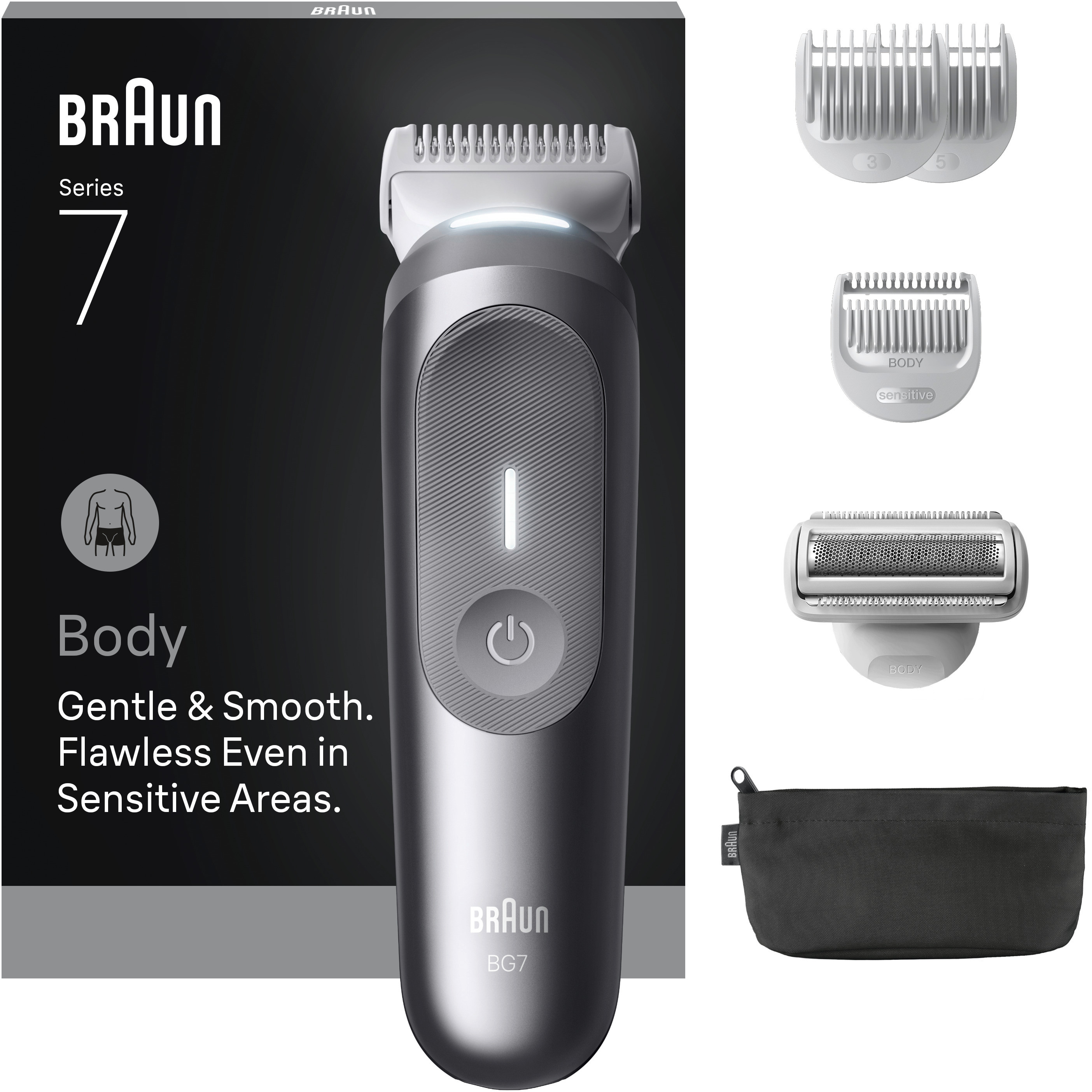 Schwarzer und silberner Braun Series 7 Body-Groomer mit Aufsätzen und einem schwarzen Beutel auf weißem Hintergrund.