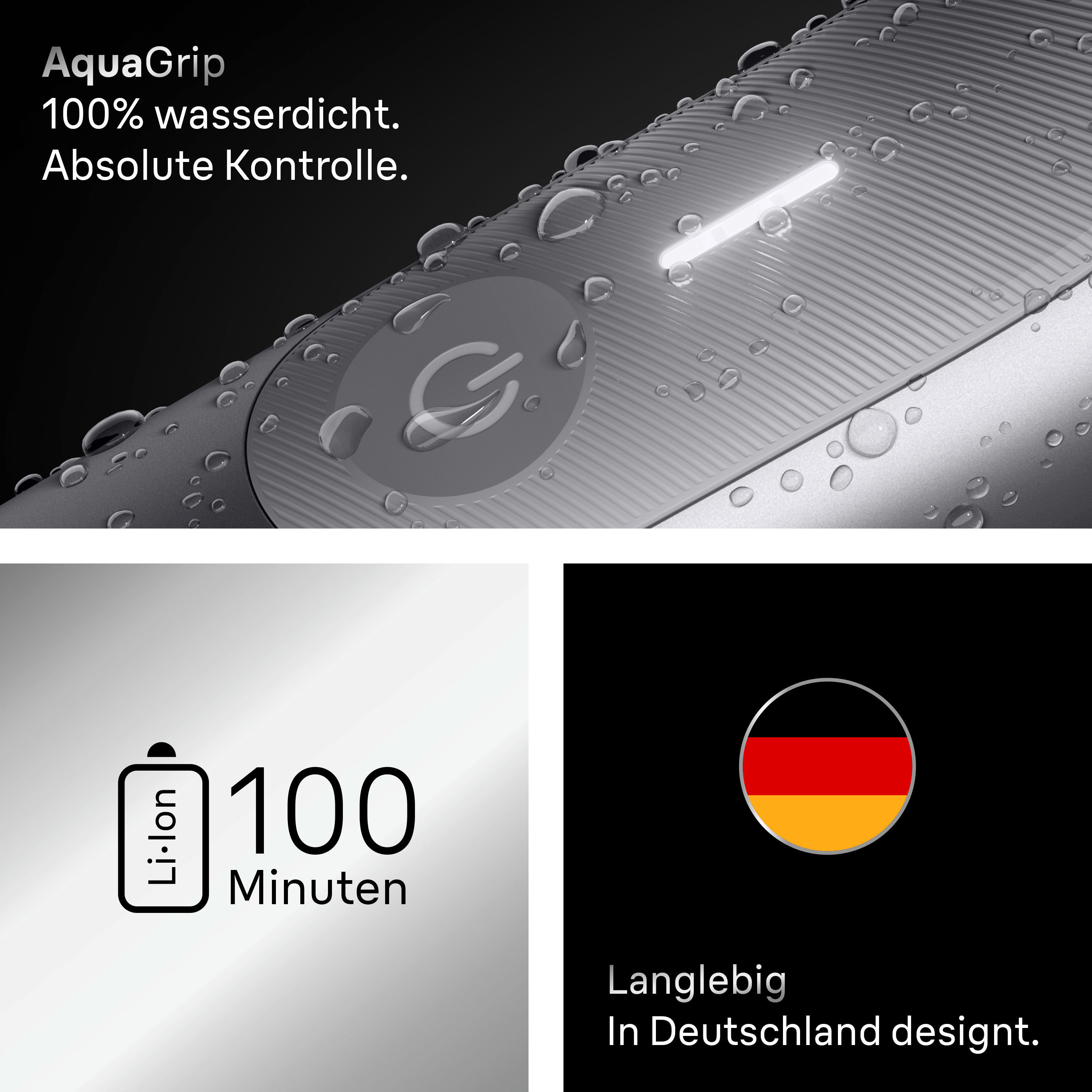 Nahaufnahme eines silbernen Rasierers mit Wassertropfen darauf. Eine Batterie und die deutsche Flagge werden gezeigt.