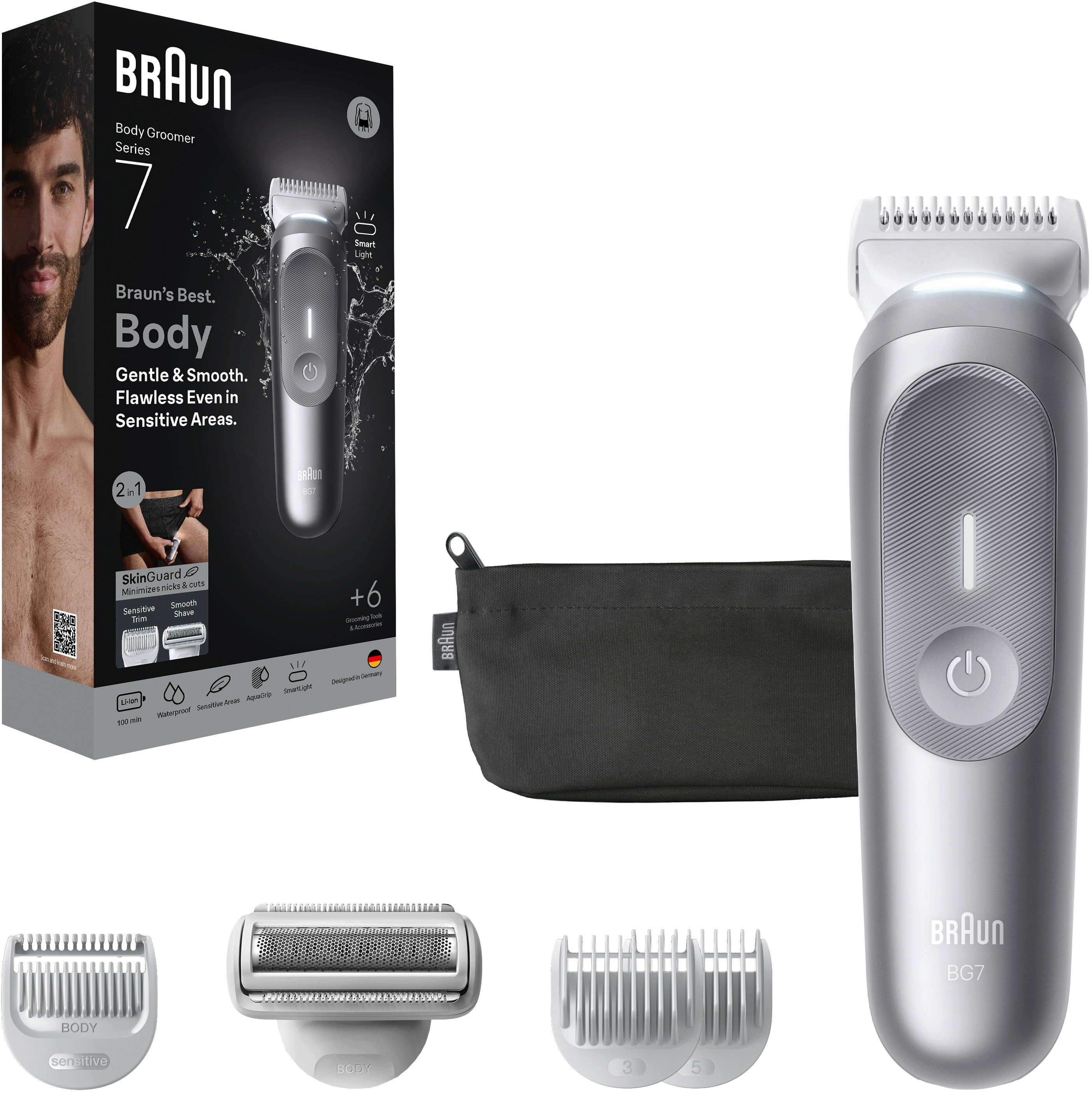 Braun Body Groomer Serie 7, mit Aufsätzen, Verpackung und Beutel, alles auf weißem Untergrund.