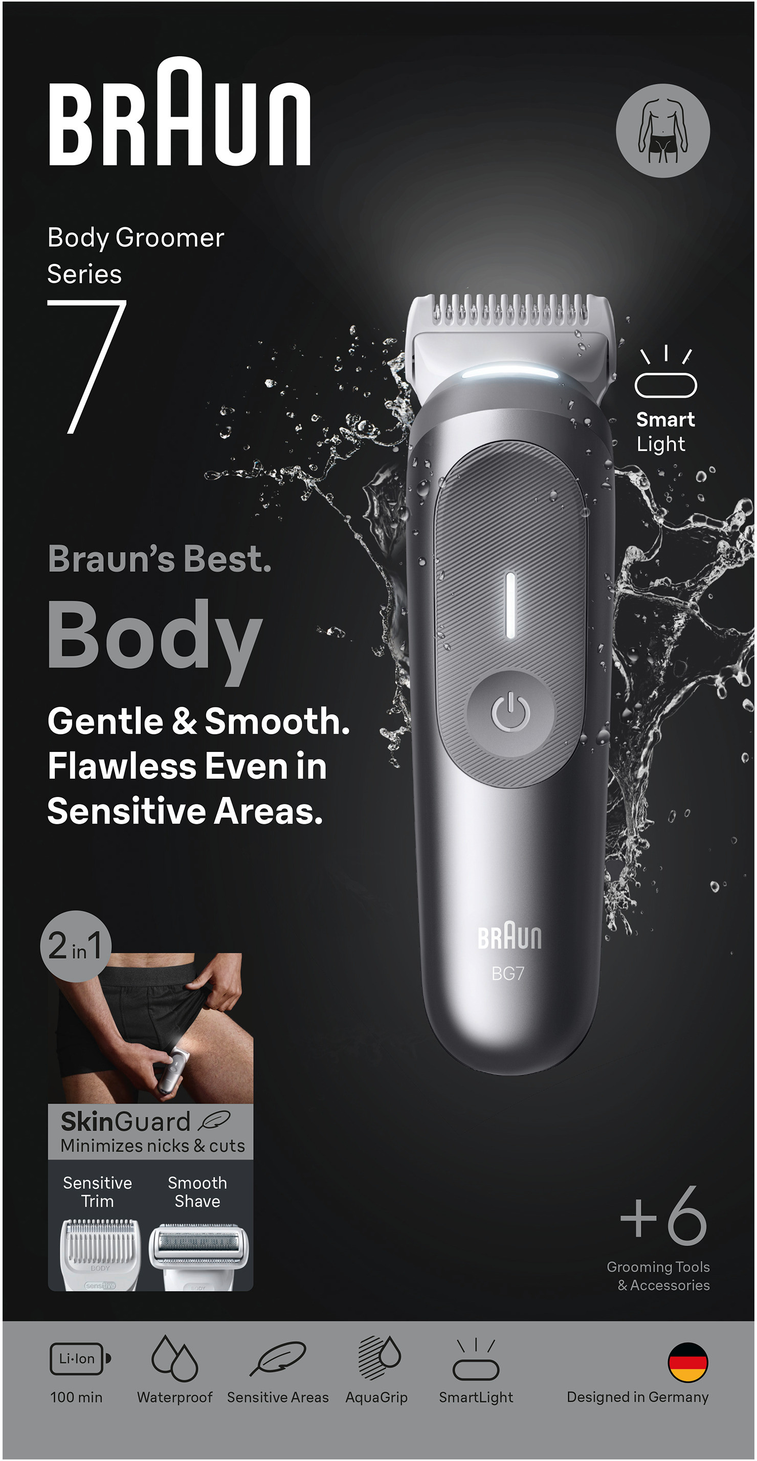 Braun Series 7 Body Groomer mit Text und Symbolen auf dunklem Hintergrund.