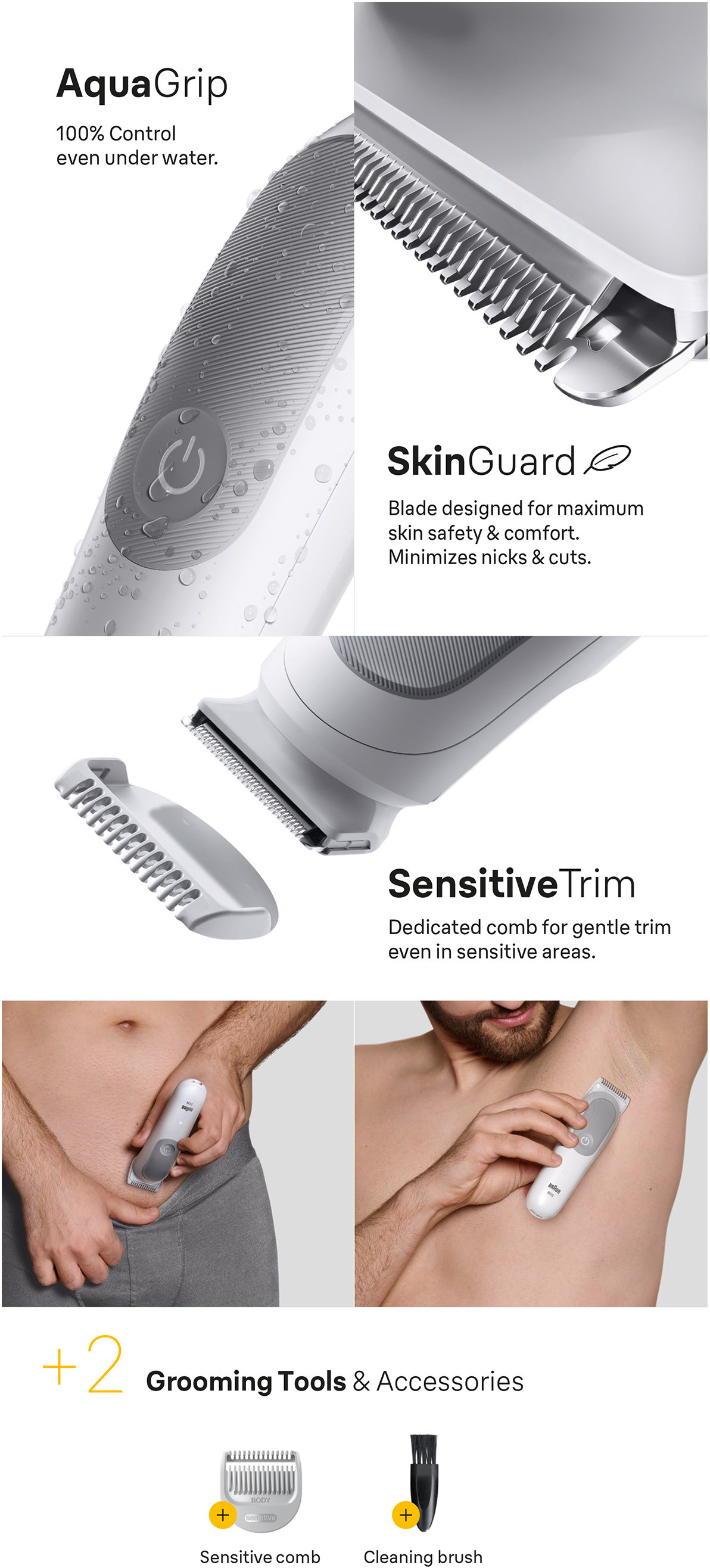 Merkmale eines weißen Trimmers: AquaGrip, SkinGuard, SensitiveTrim und Zubehör. Mann benutzt ihn.