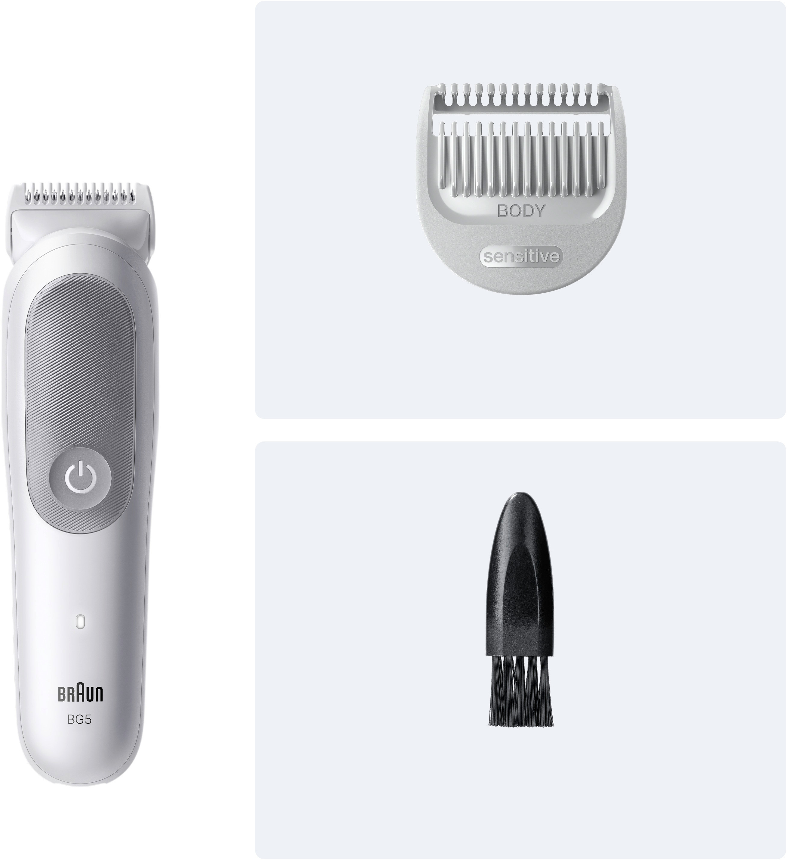 Ein weißer Braun BG5 Trimmer und Aufsätze: Trimmerkopf, empfindlicher Kopf und eine Bürste.