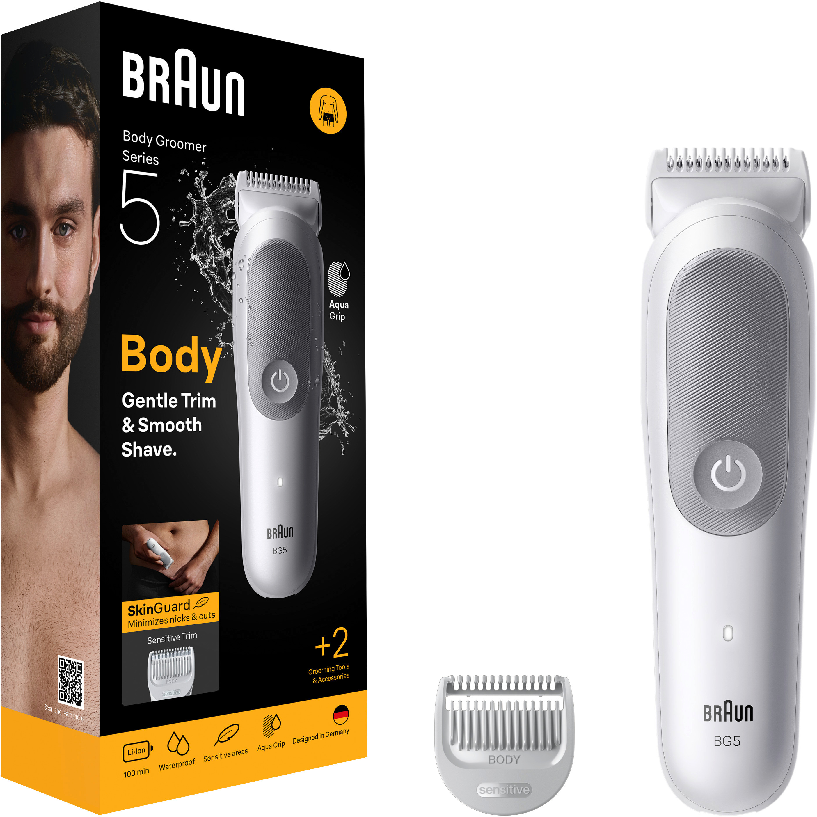 Box und Rasierer auf weißem Hintergrund. Das Gesicht eines Mannes ist auf der Box.
