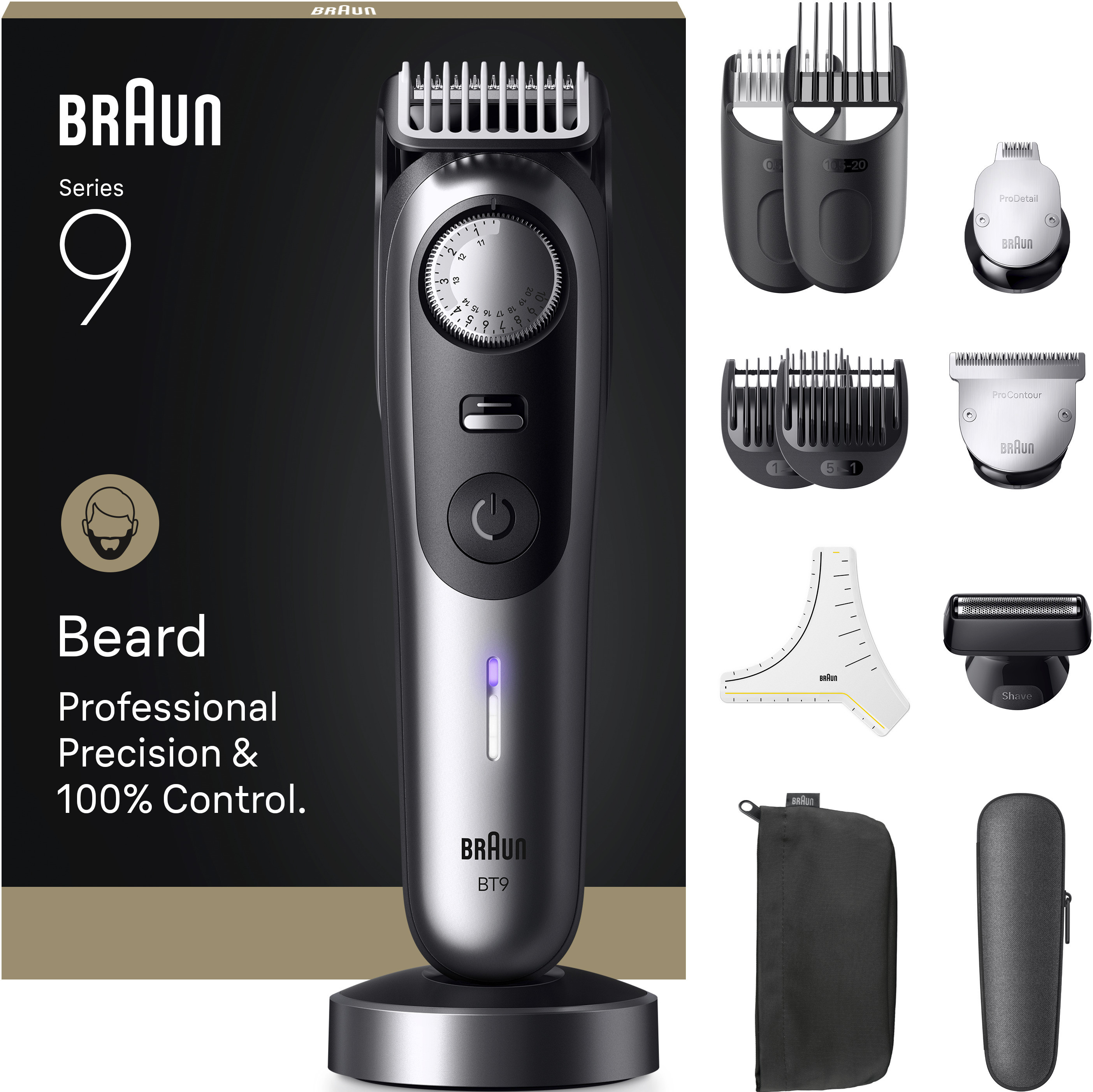 Un tagliabarba Braun Serie 9 argento e nero con accessori e supporto.