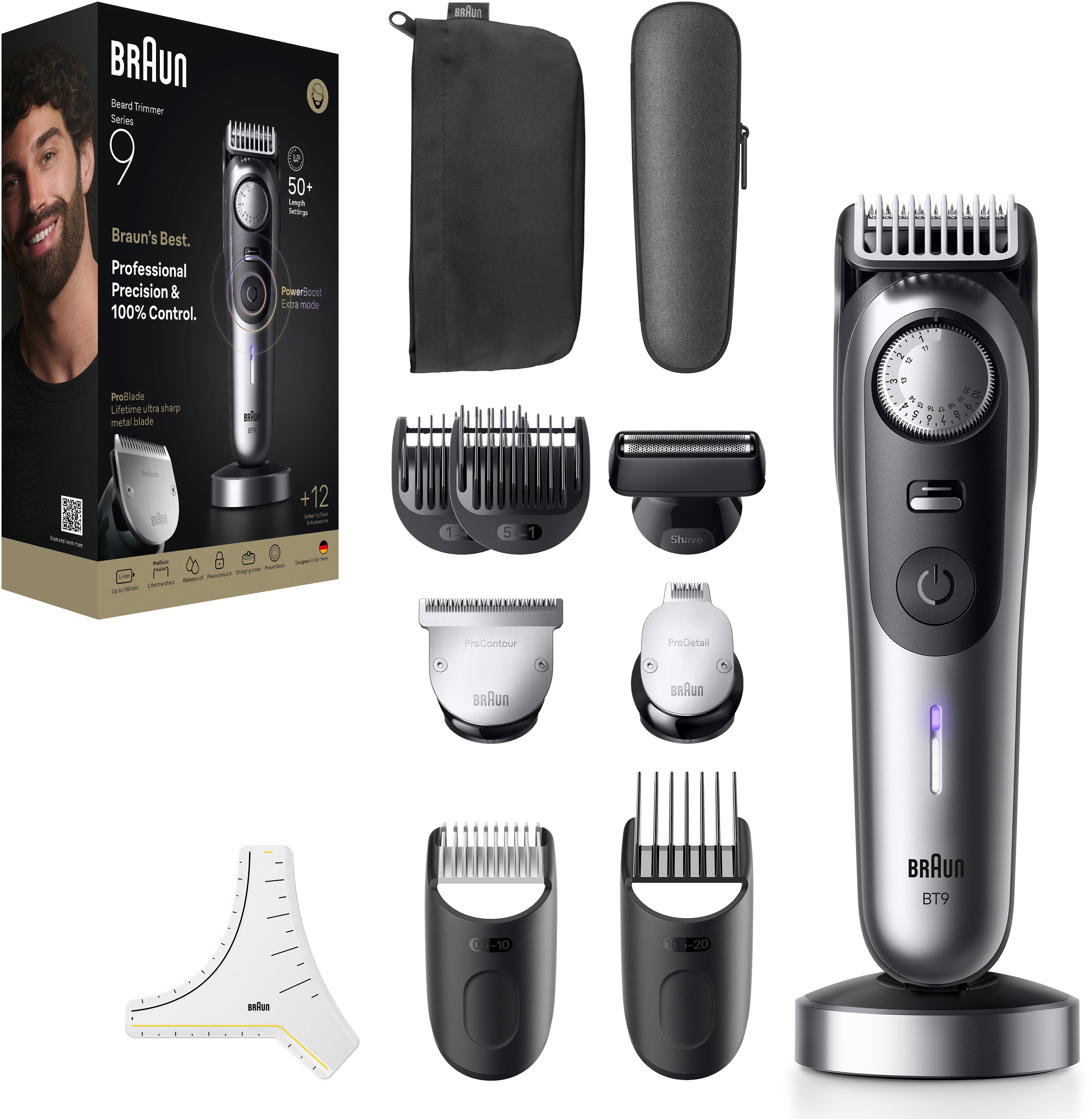 Confezione del prodotto Braun Beard Trimmer Series 9 con rifinitore, accessori e attacchi.