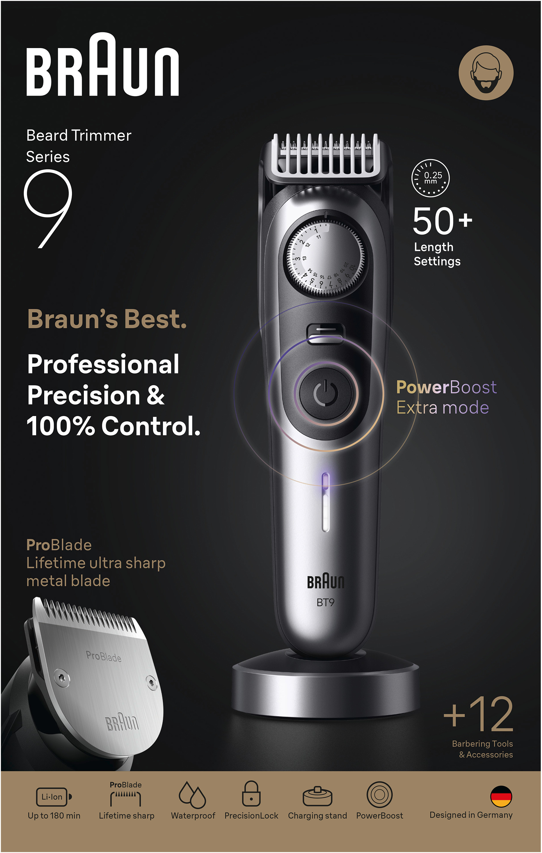 Un regolabarba Braun Series 9 con accessori, in un ambiente scuro con i dettagli del prodotto.