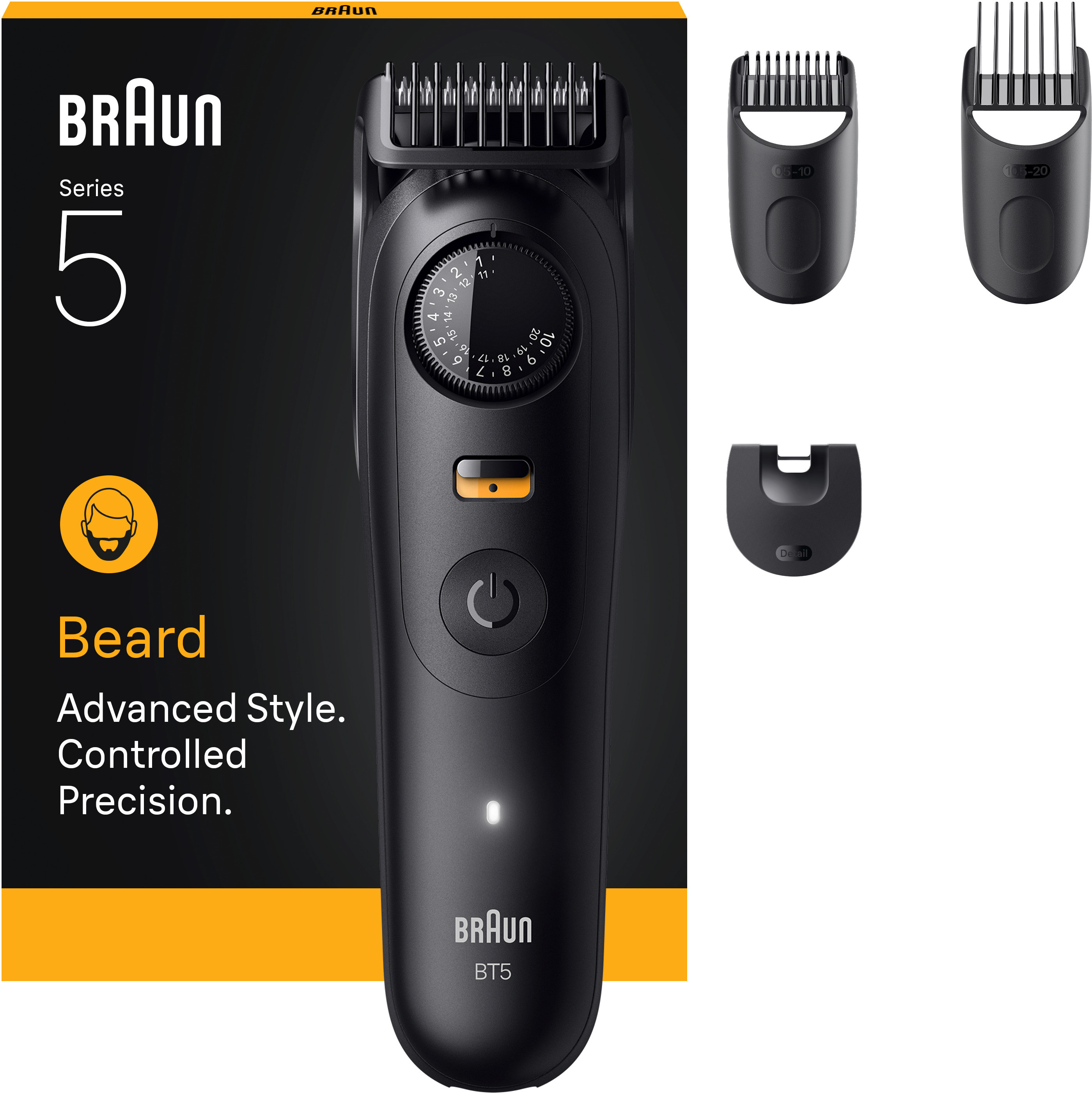 Prodotto Braun Series 5 Beard Trimmer con rifinitore, accessori e dettagli sulla confezione.