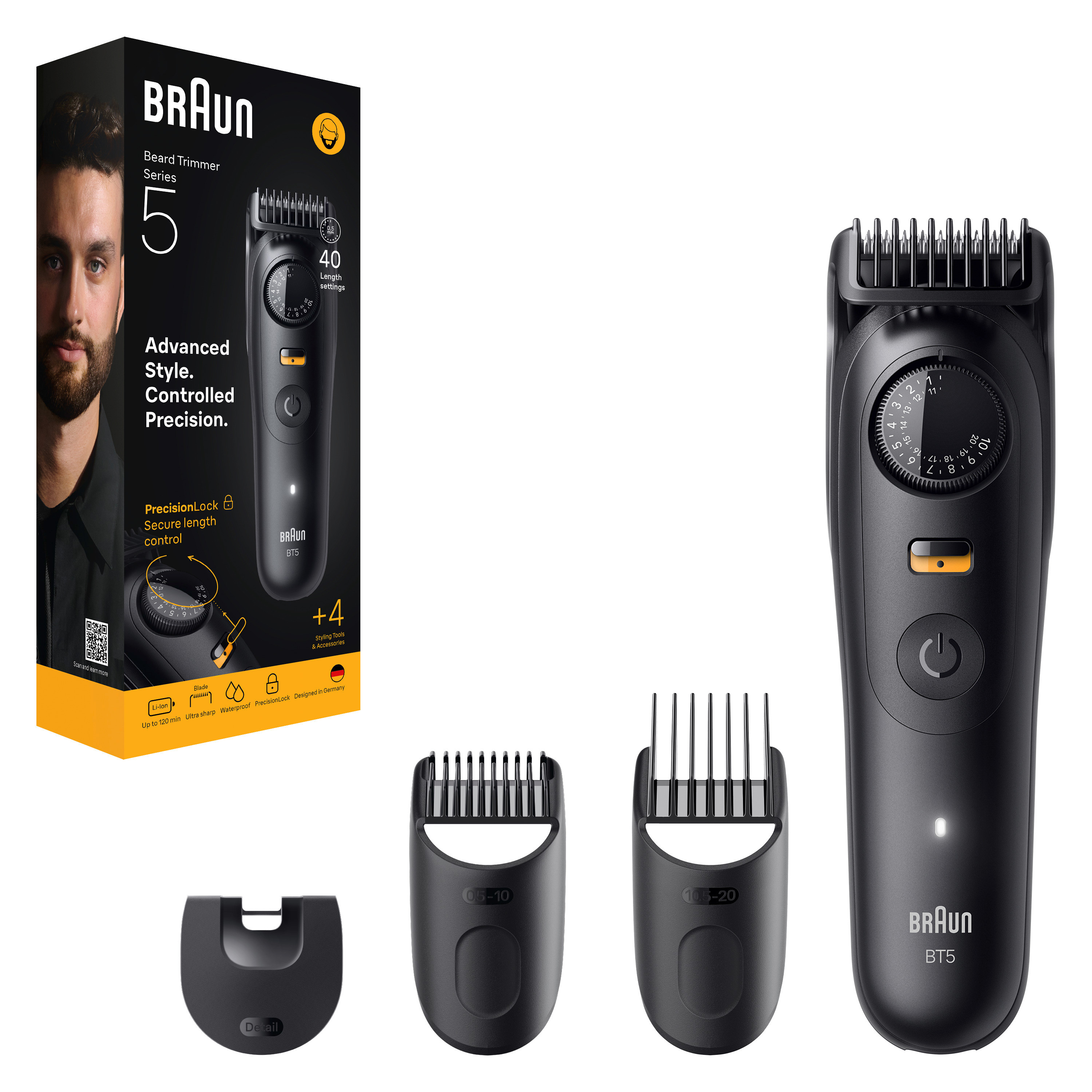 Un regolabarba Braun con accessori e confezione. Include il regolabarba, le lame e una scatola nera.