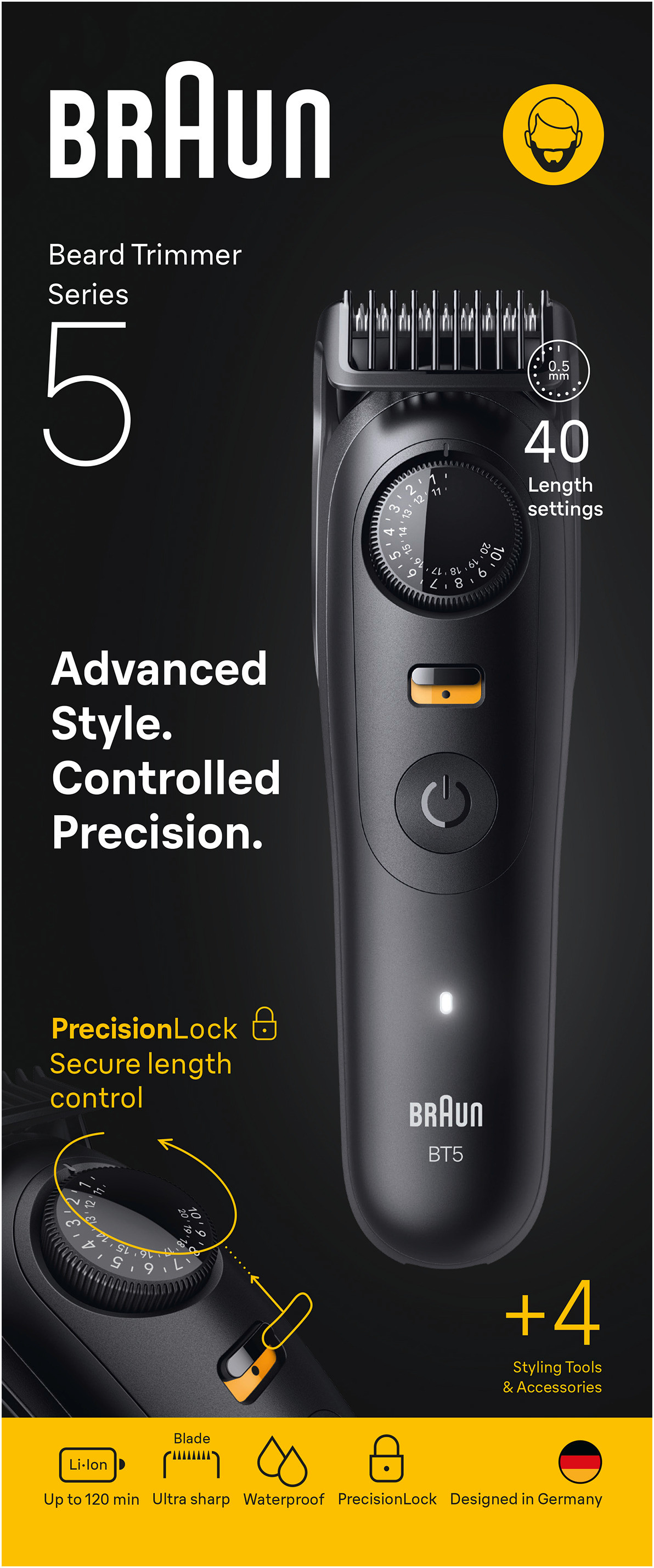 Regolabarba Braun Series 5 con testo e display delle impostazioni. Sfondo bianco.
