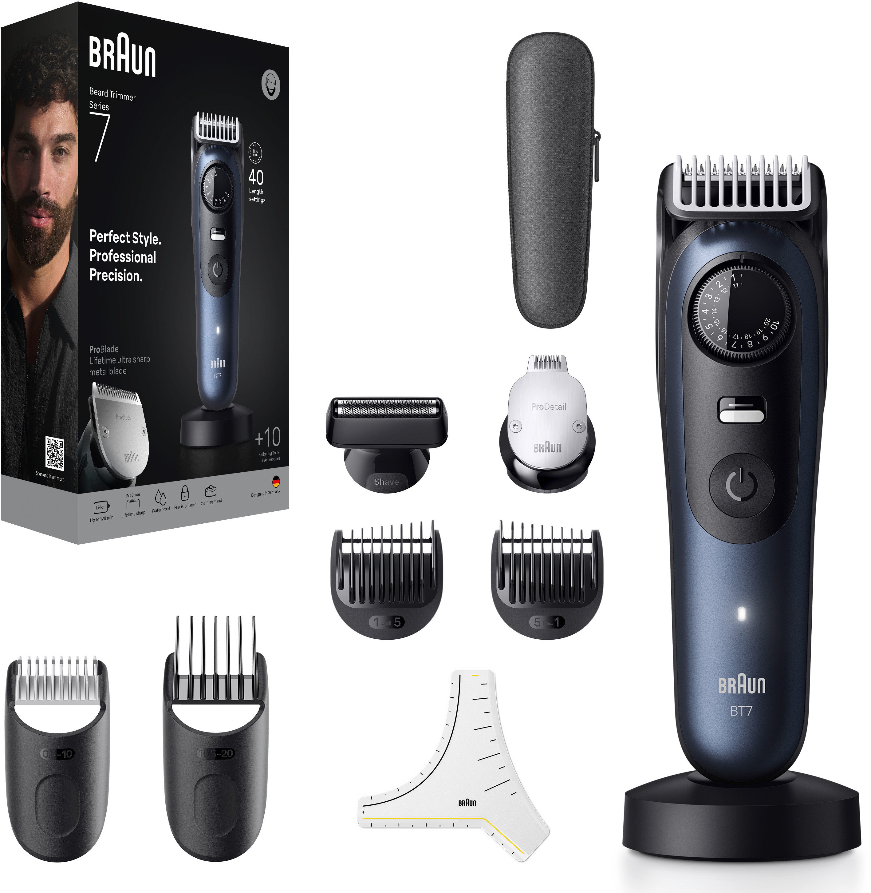 Braun Barttrimmer Serie 7 mit Zubehör und Verpackung auf Weiß.