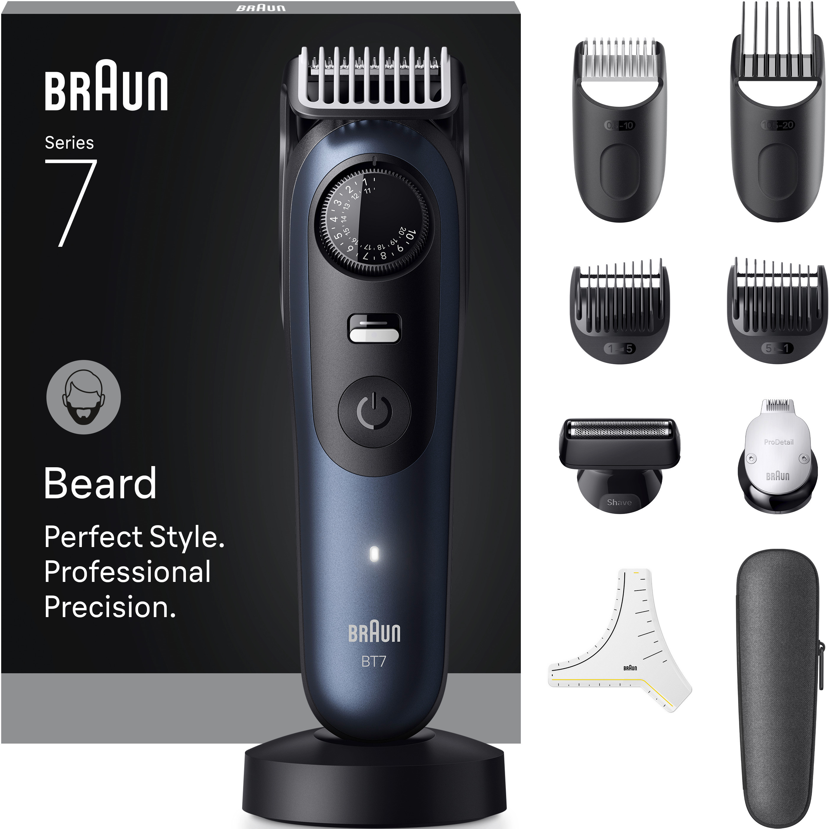 Braun Series 7 Barttrimmer Produkt mit Trimmer, Aufsätzen und Details auf der Verpackung.