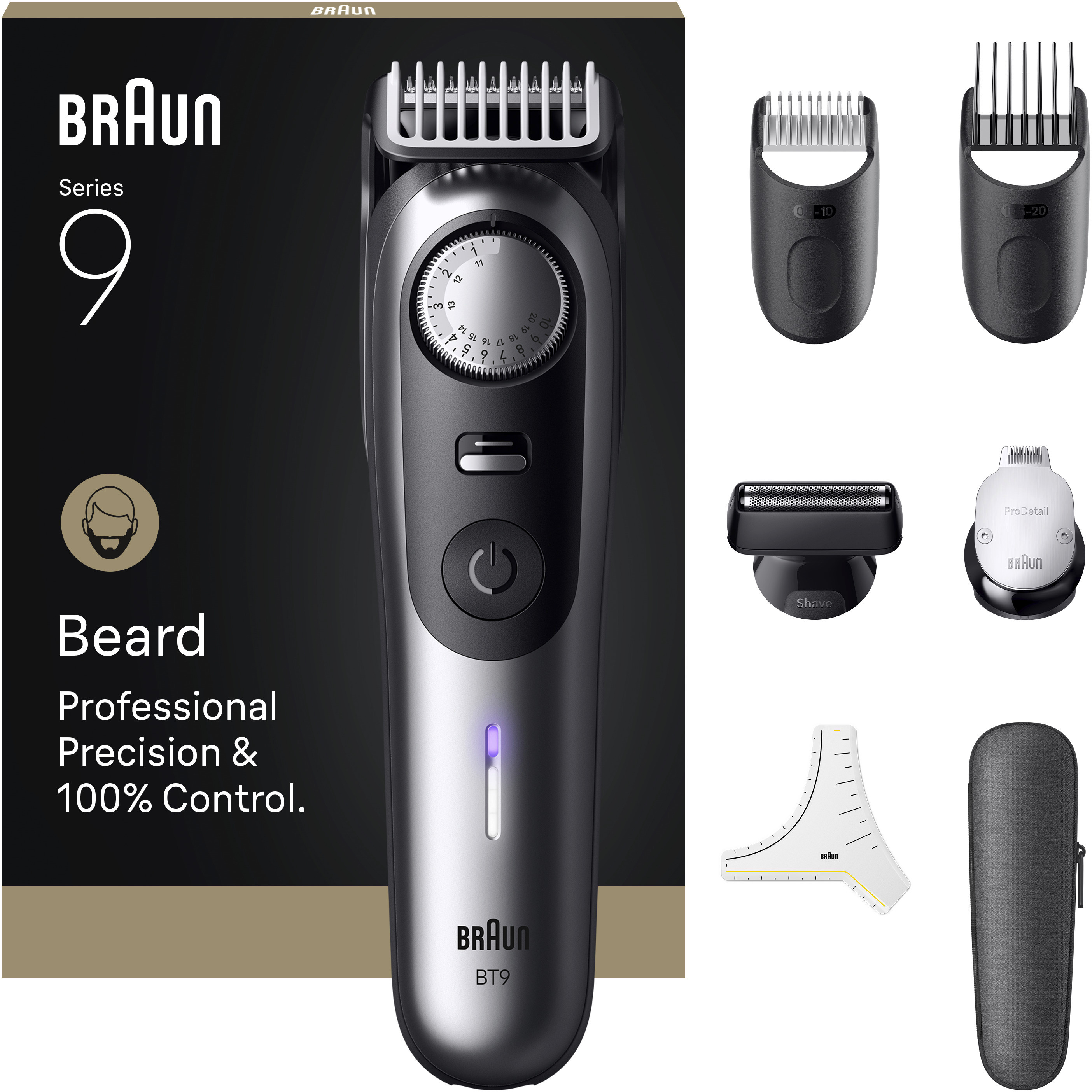 Regolabarba Braun Series 9 e accessori, su sfondo scuro.
