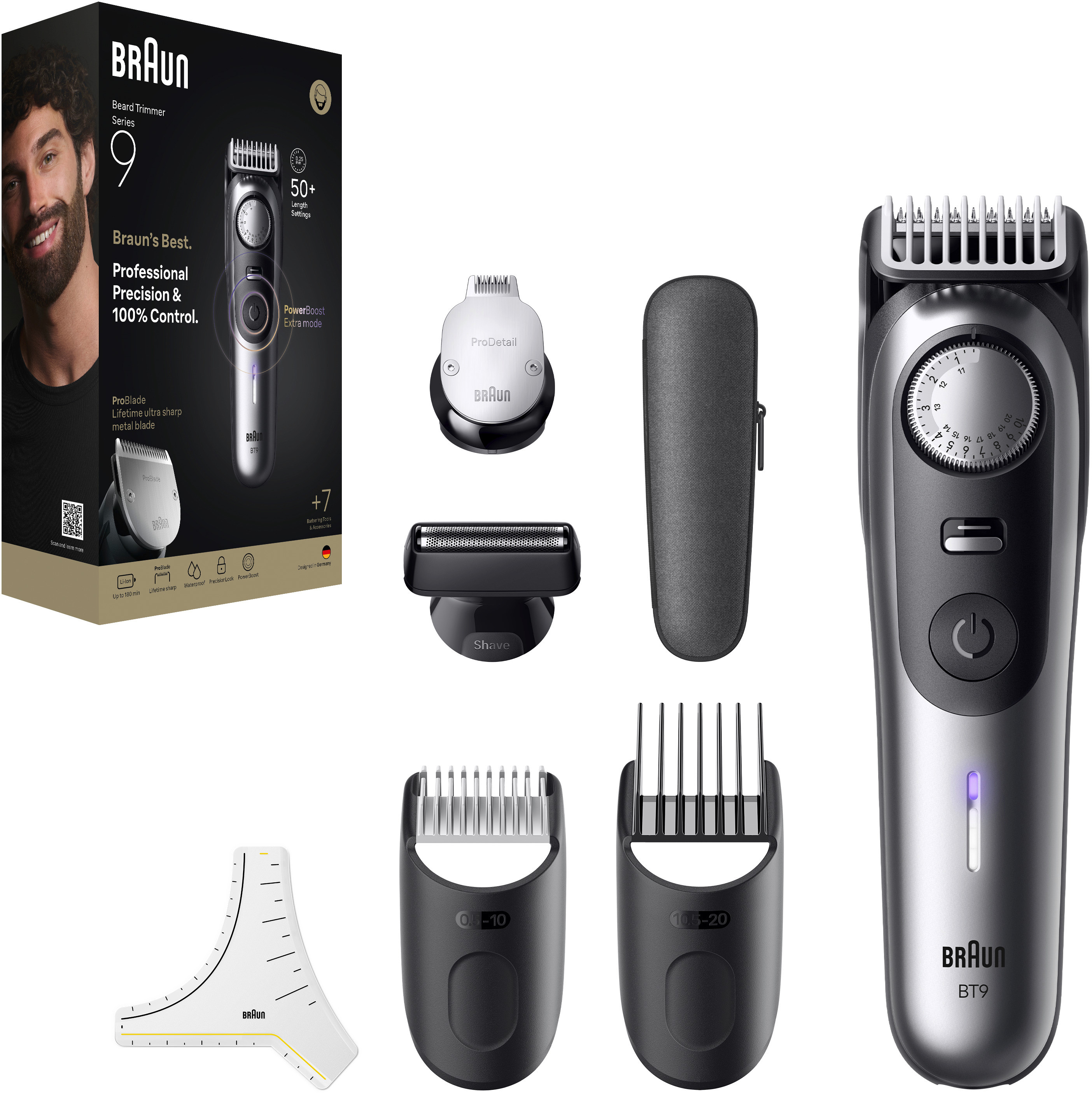 Braun Beard Trimmer Serie 9, scatola e contenuto, con il volto di un uomo.