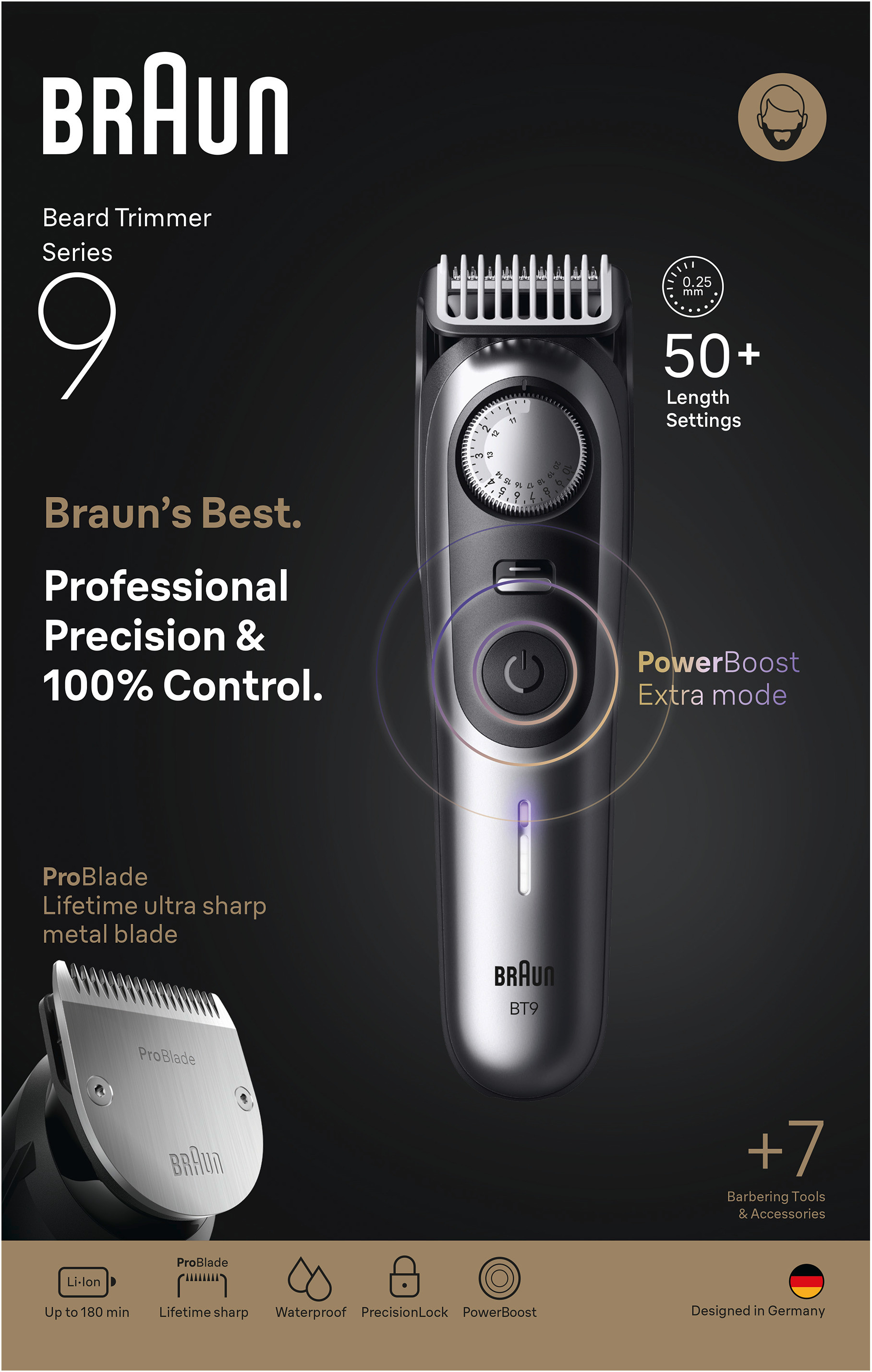 Tagliacapelli Braun Series 9 con testo: Braun's Best, Professional Precision & 100% Control.