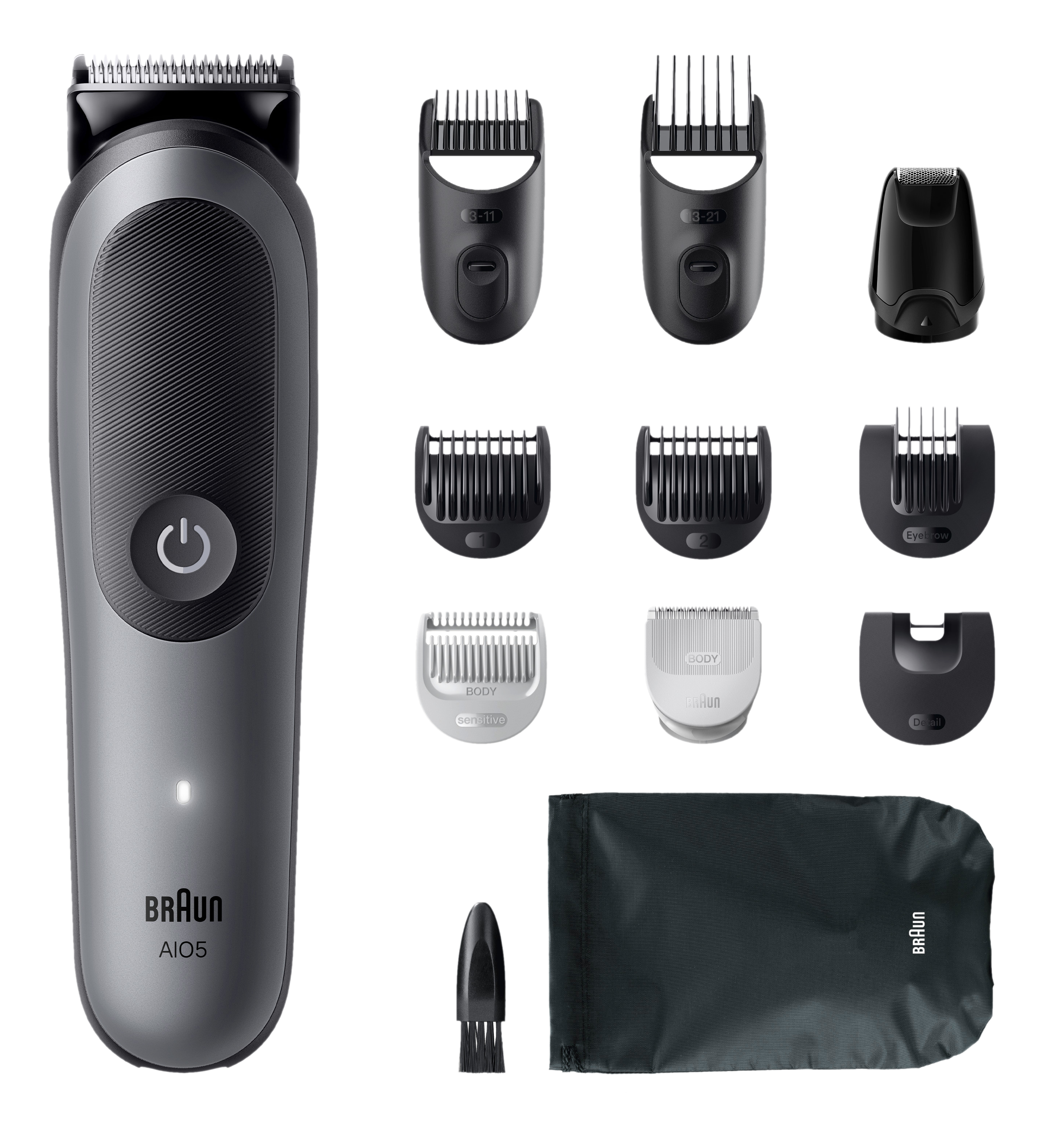 Ein grauer elektrischer Braun-Trimmer mit Aufsätzen und ein schwarzes Reiseetui. Draufsicht.