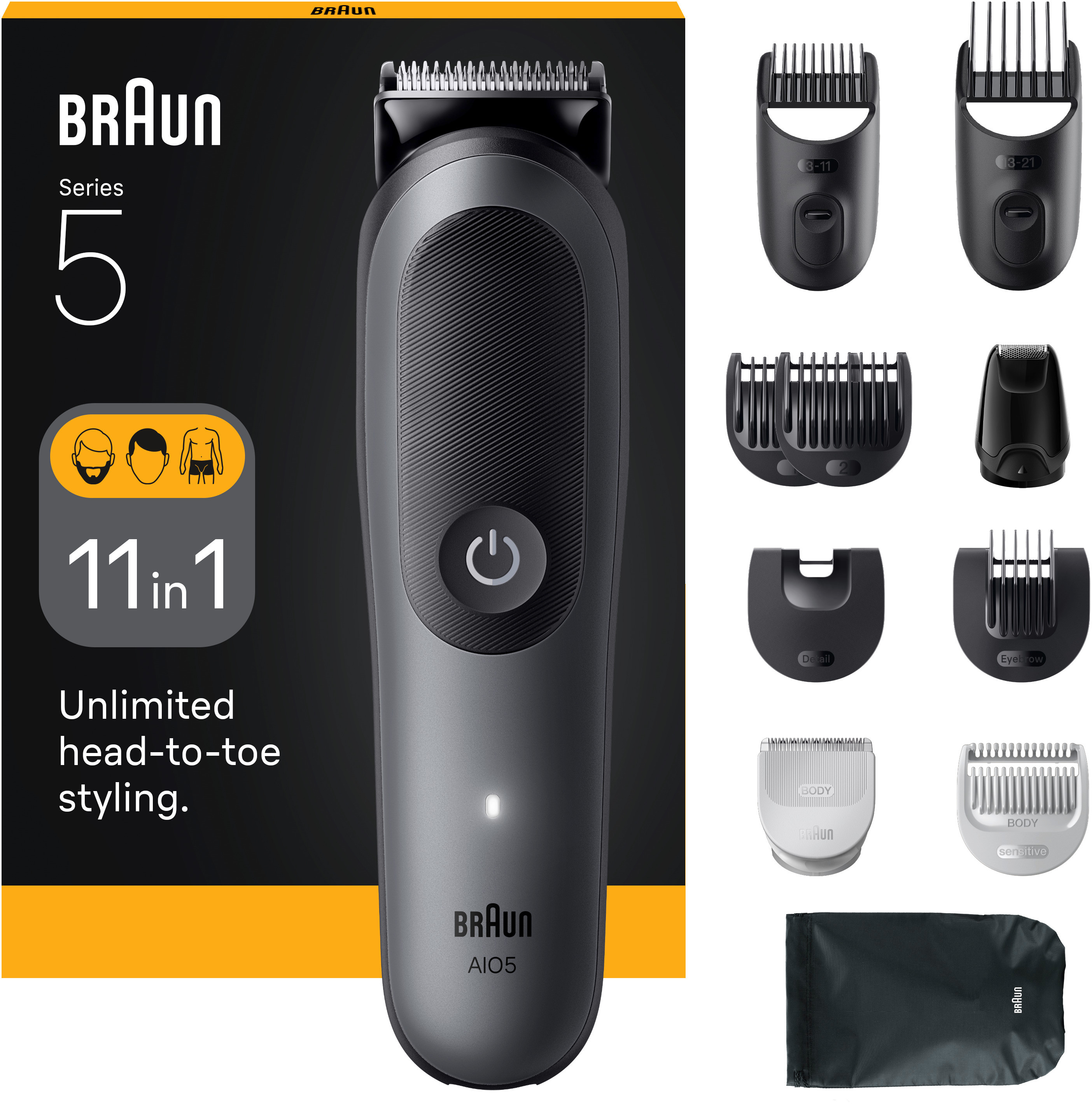 Schwarzer Braun Series 5 Trimmer mit Aufsätzen, vor weißem Hintergrund.