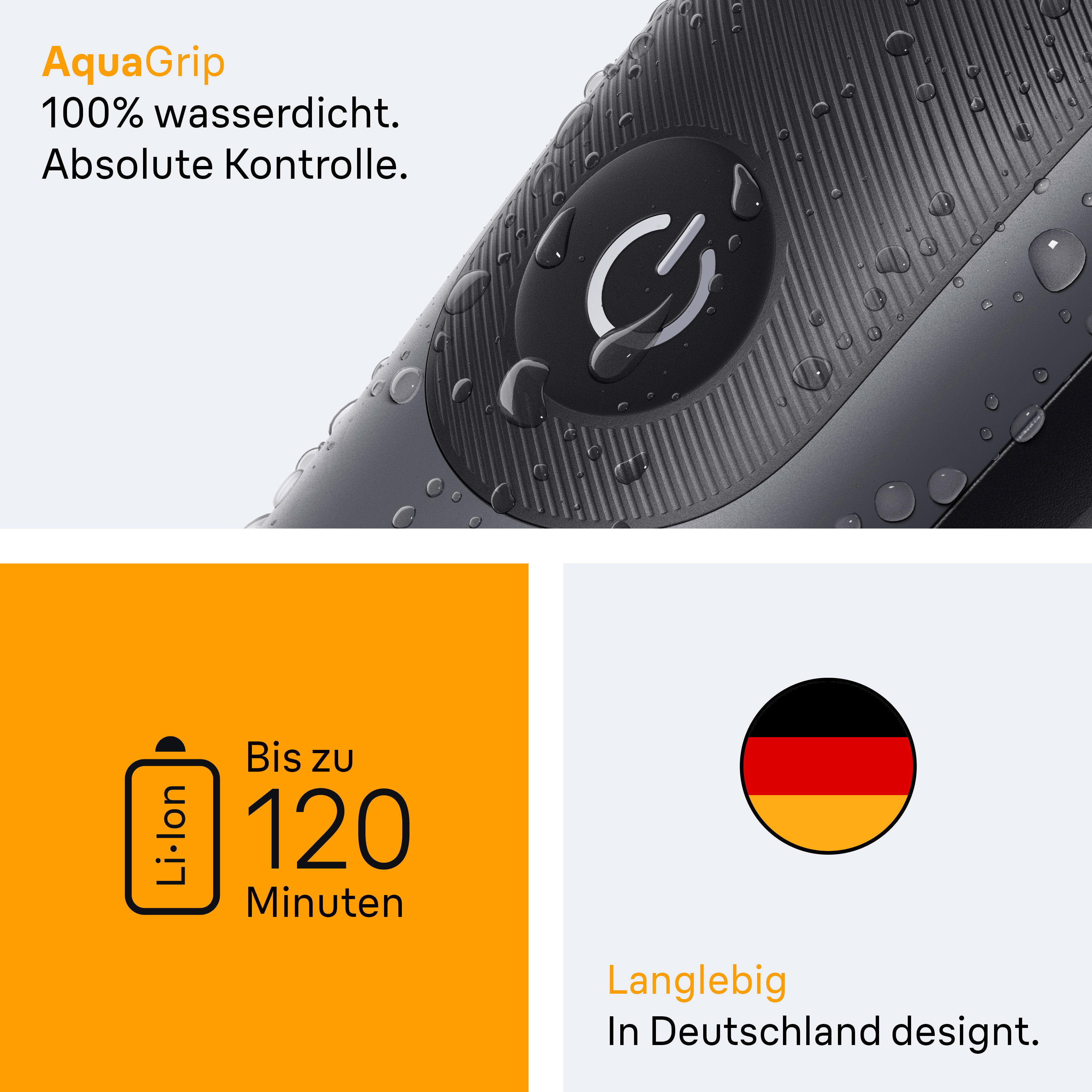 Schwarzer Elektrorasierer mit Ein/Aus-Taste und Wassertropfen, plus Infos.