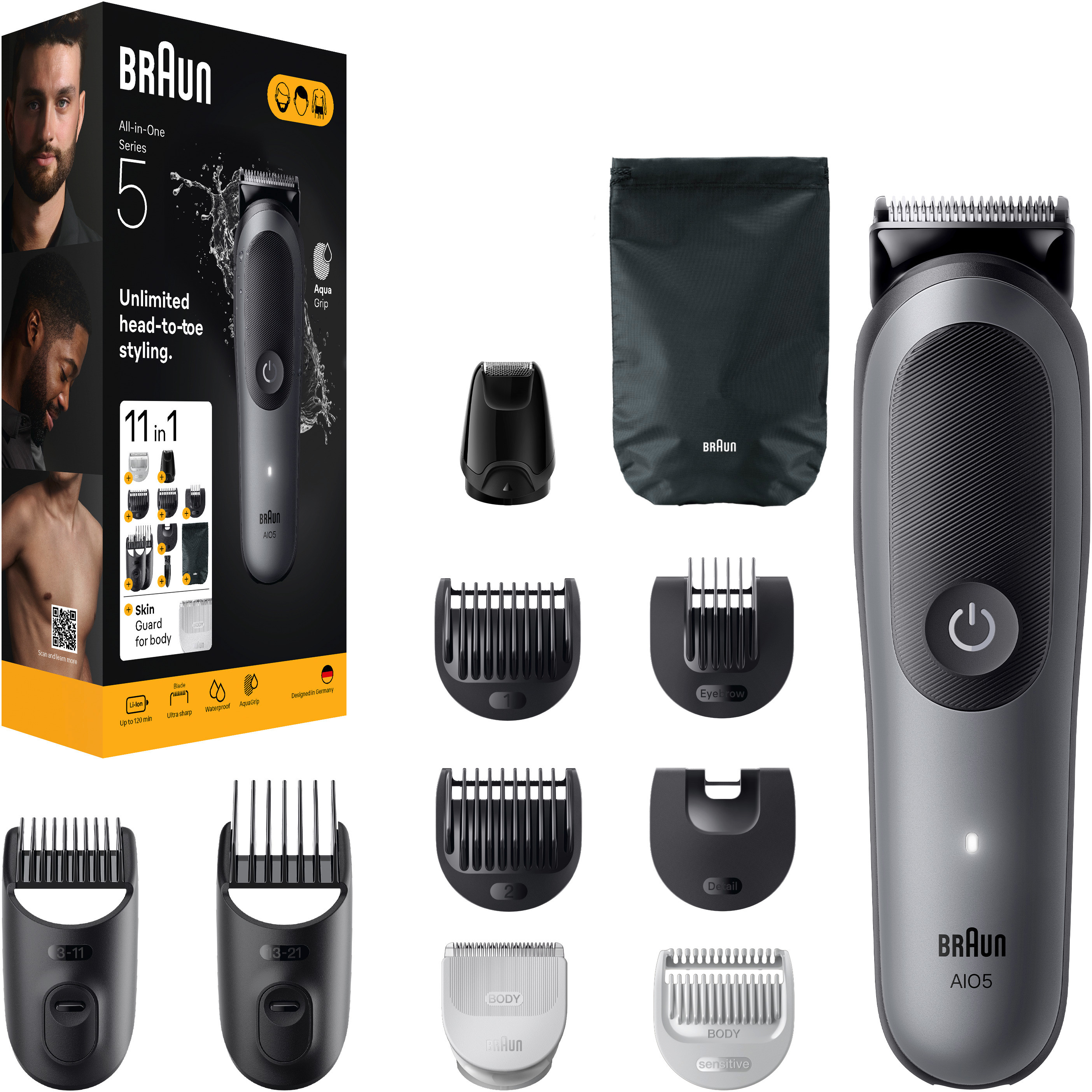 Ein Pflege-Kit wird mit allen Aufsätzen und einer Box angezeigt.