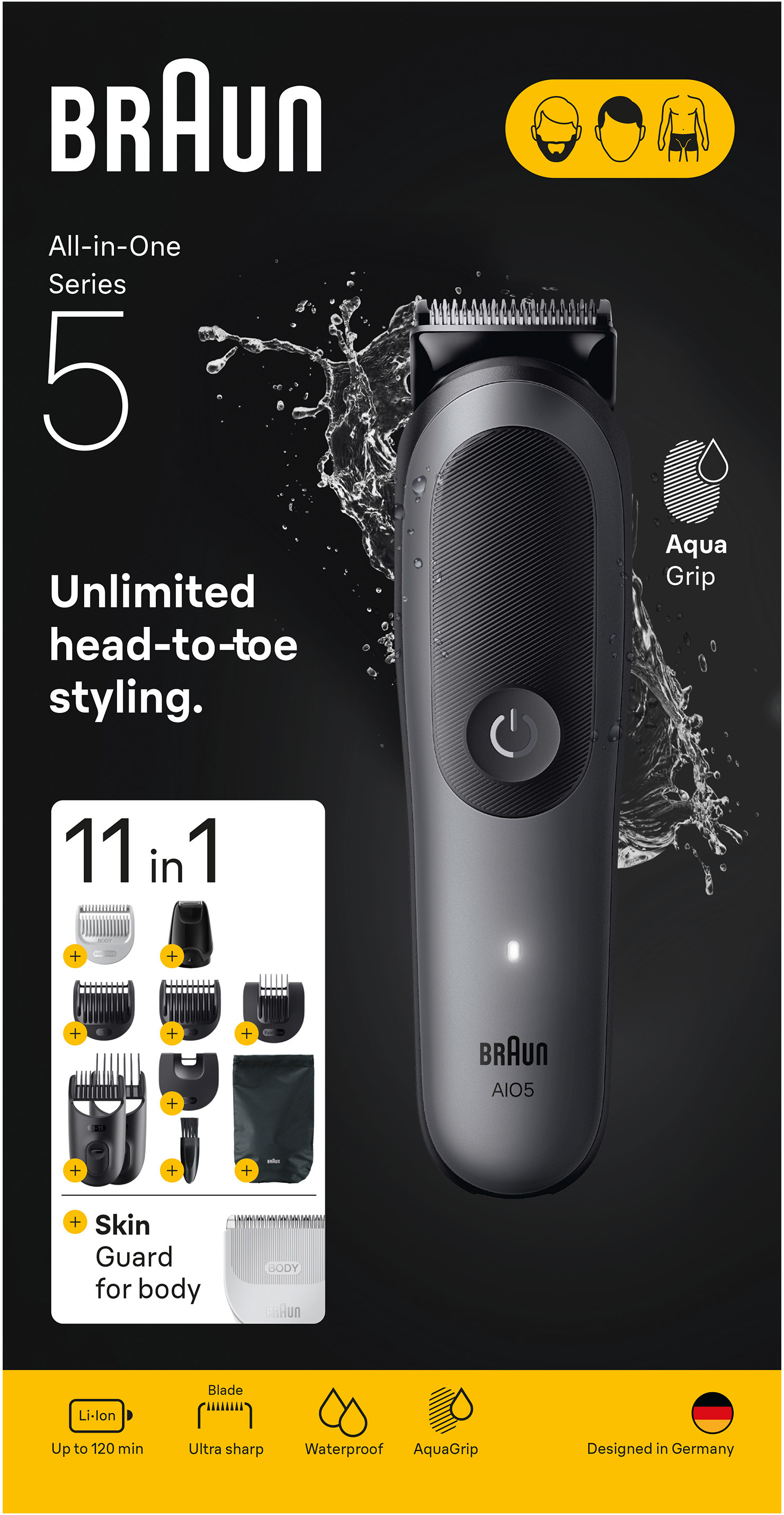 Braun Series 5 All-in-One Trimmer mit Zubehör, schwarzer Hintergrund.