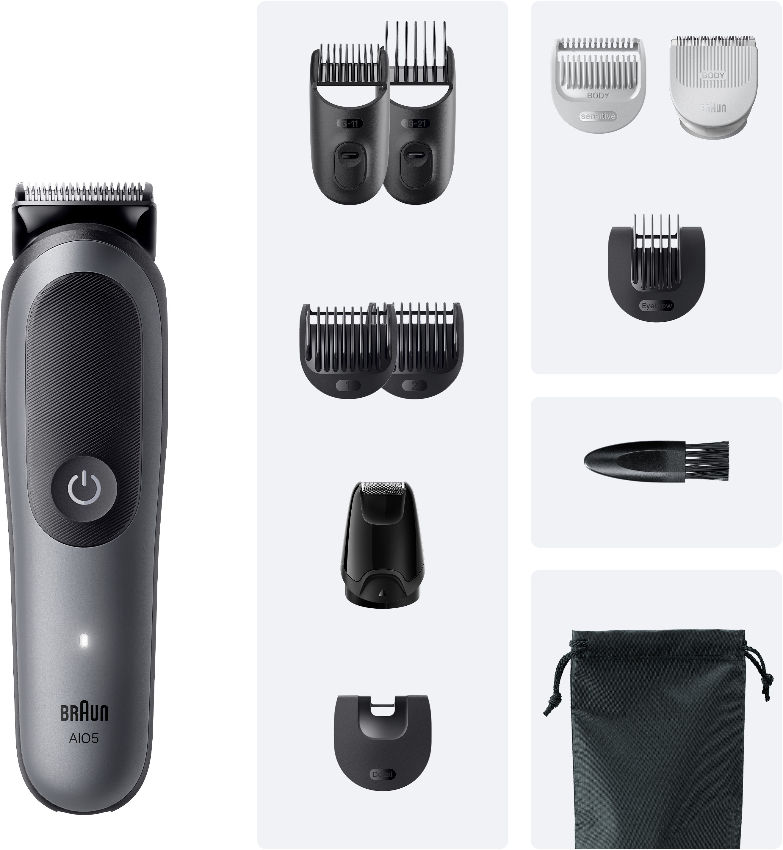 Braun All-in-One Trimmer und Zubehör auf weißem Hintergrund. Enthält verschiedene Trimmerköpfe.