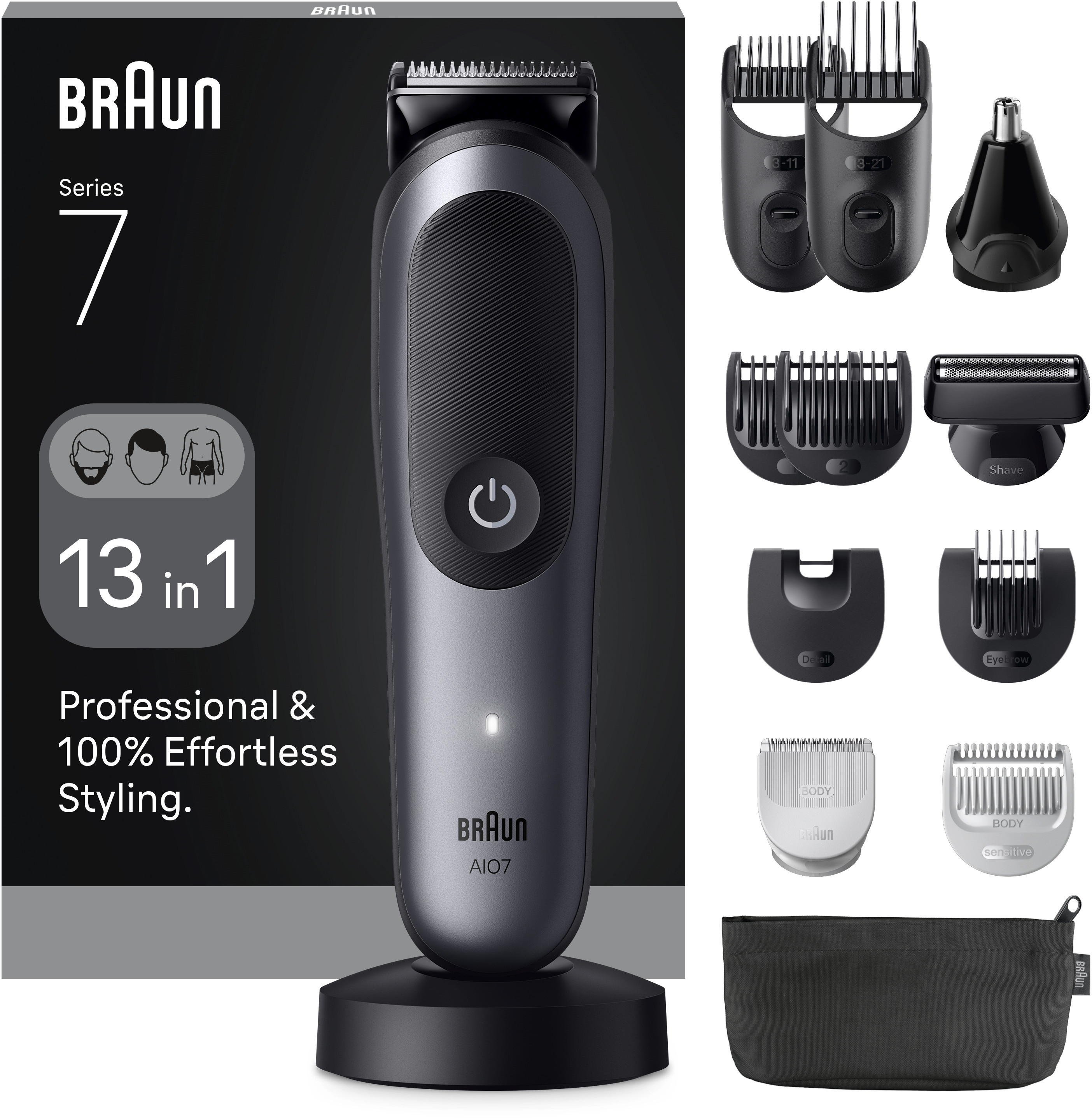 Braun Series 7, kit multi-grooming 13 en 1 avec divers accessoires de coupe.