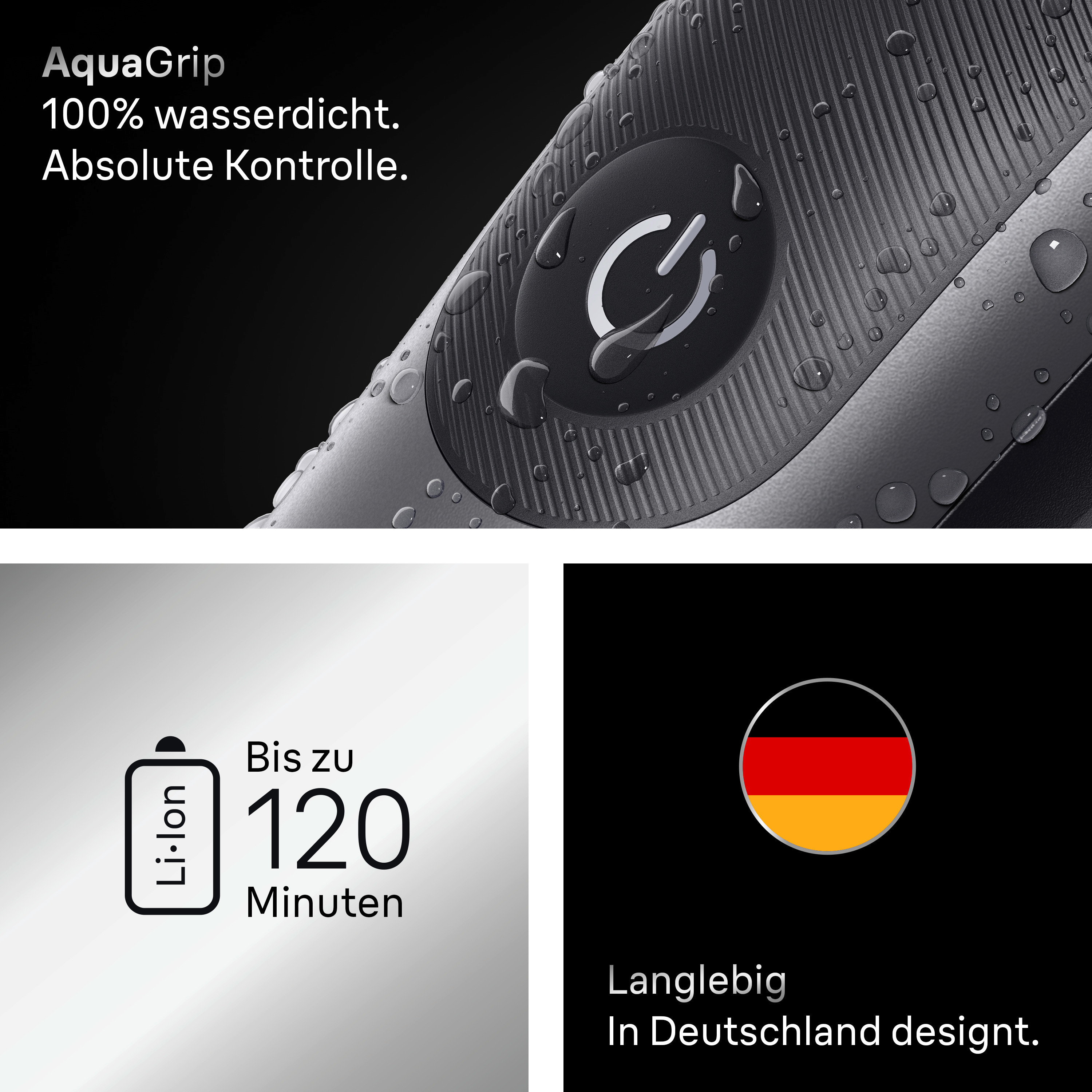 Gros plan d'un rasoir électrique noir et gris avec des gouttelettes d'eau.