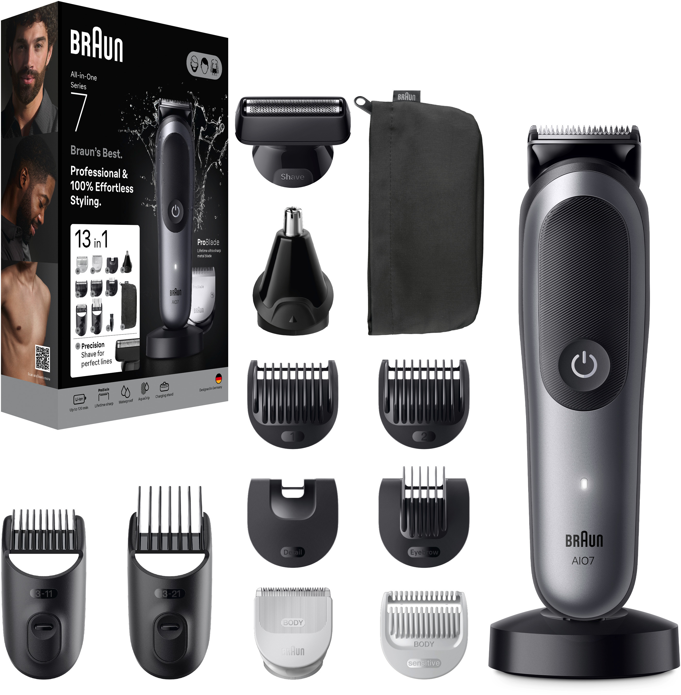 Kit de tondeuse Braun All-in-One avec accessoires et emballage, noir et gris.