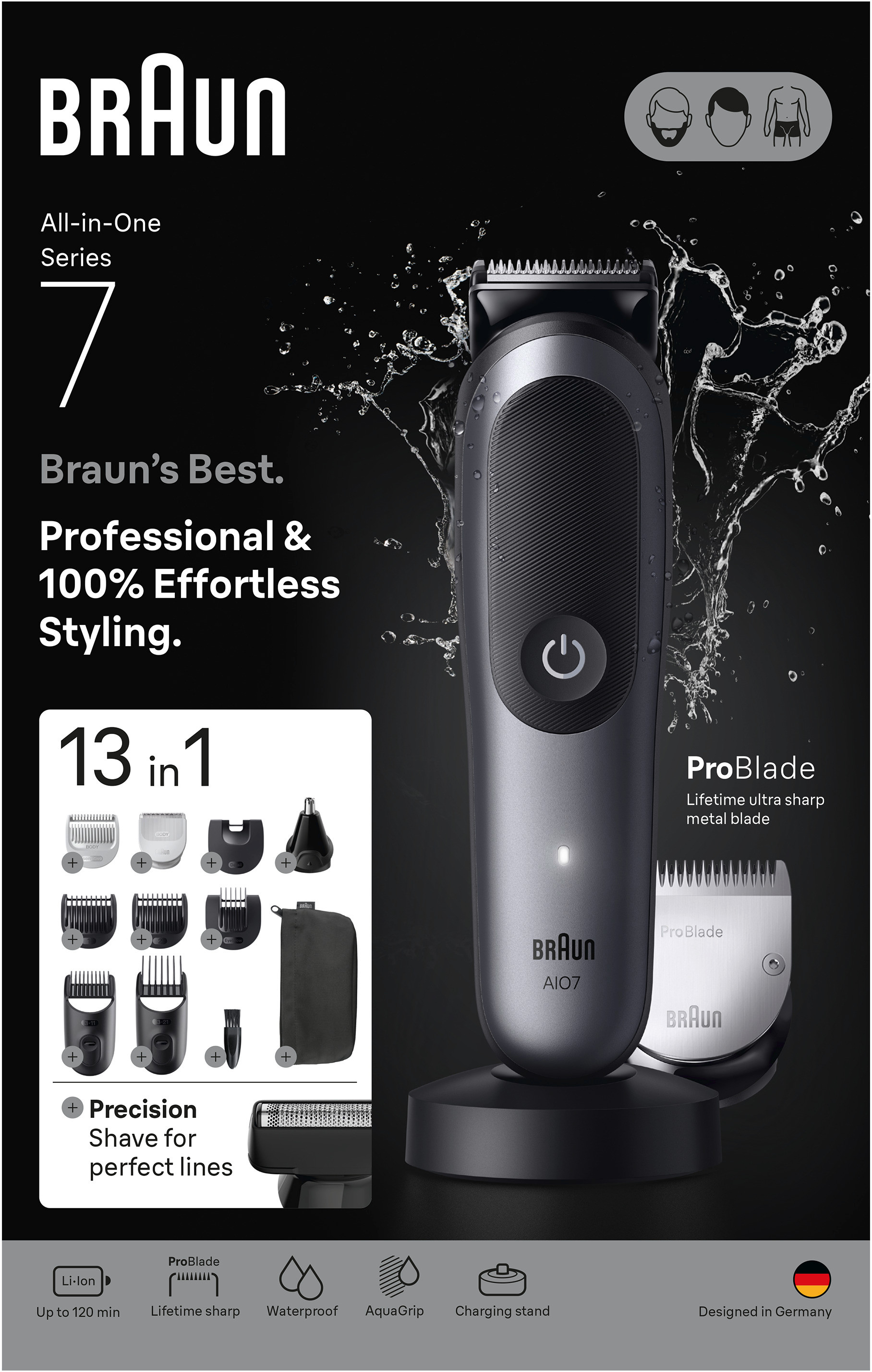 Tondeuse Braun Series 7 tout-en-un exposée. Comprend plusieurs accessoires et un socle de chargement.