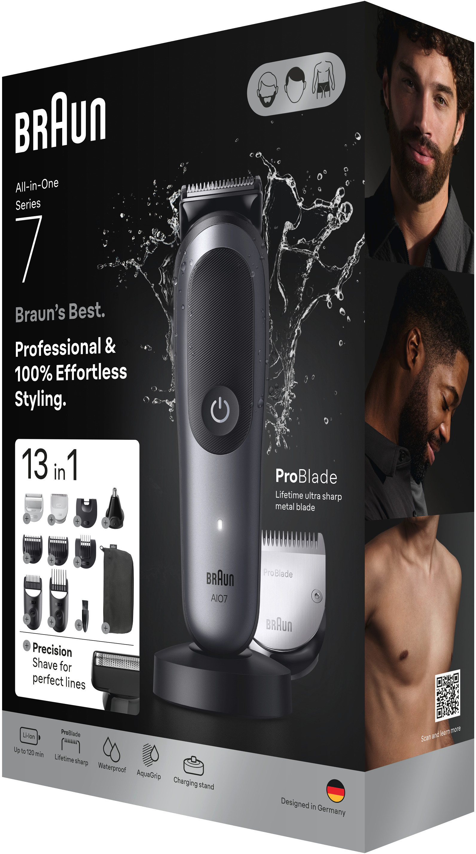 Une boîte du kit de rasage Braun All-in-One Series 7 avec tondeuse, accessoires et trois visages.