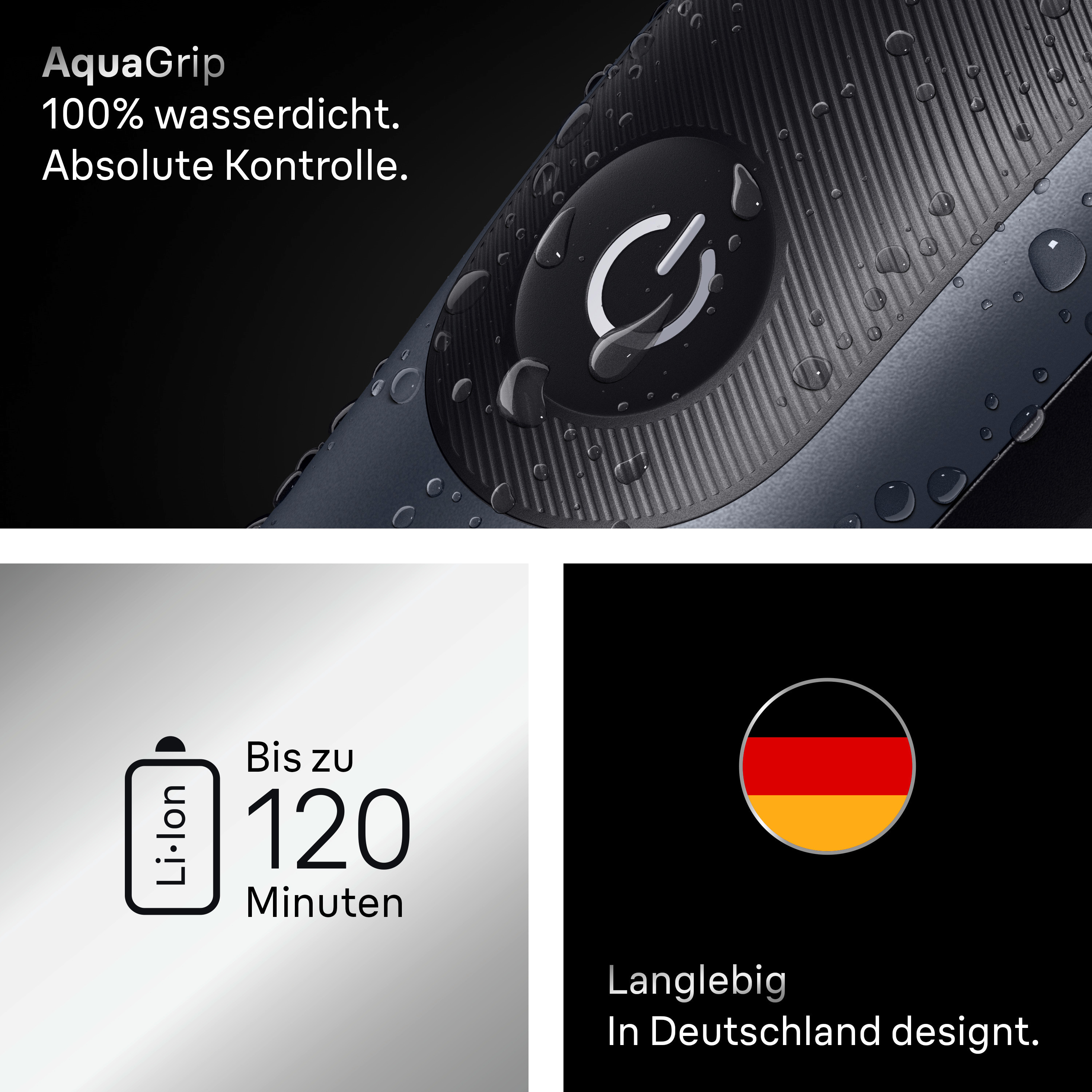 Rasierer mit wasserdichter Steuerung, 120 Minuten, und deutschem Design.