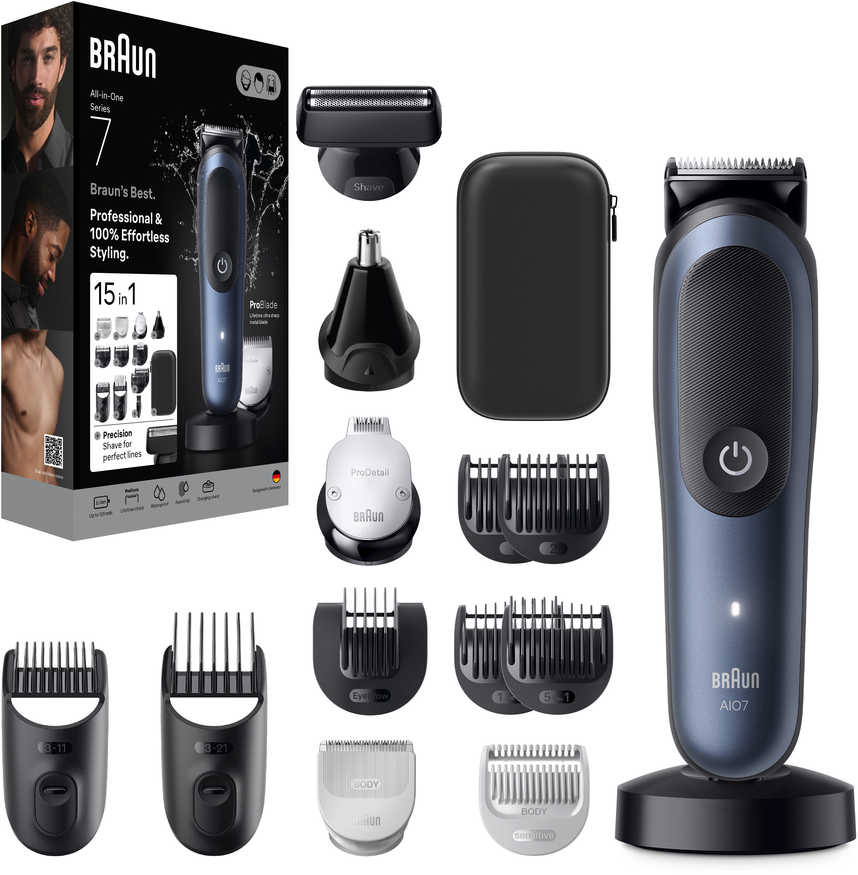Ein Braun All-in-One Trimmer-Set mit Zubehör und dem Hauptgerät. Schwarz-blaues Farbschema.