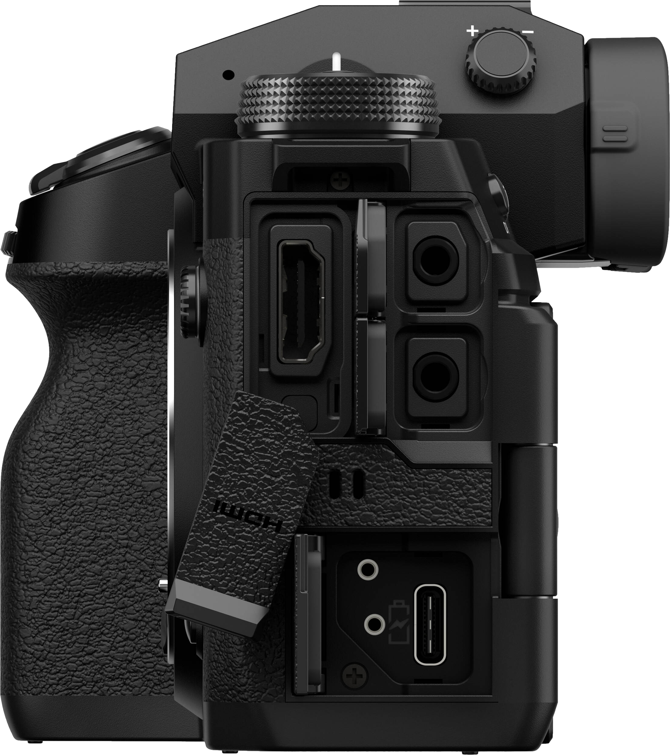 Schwarze Kamera, Fujifilm X-H2. Seitenansicht mit Anschlüssen und Bedienelementen. HDMI, USB-C und weitere Anschlüsse sind sichtbar.