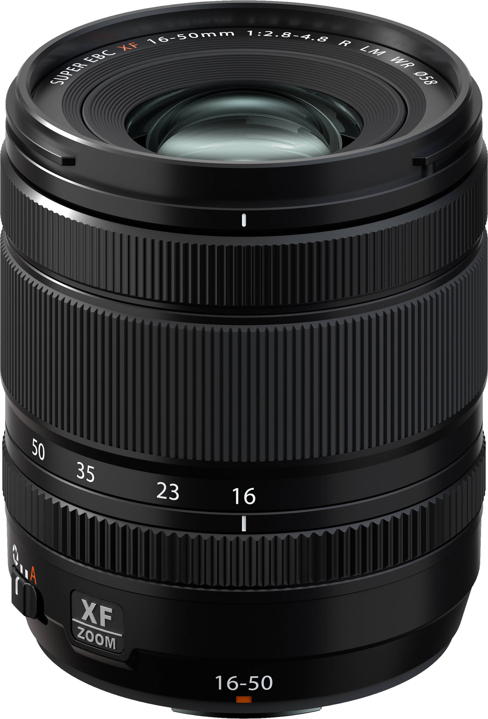 Obiettivo della fotocamera nero con numeri e marcature. L'obiettivo è nero e ha una funzione zoom.