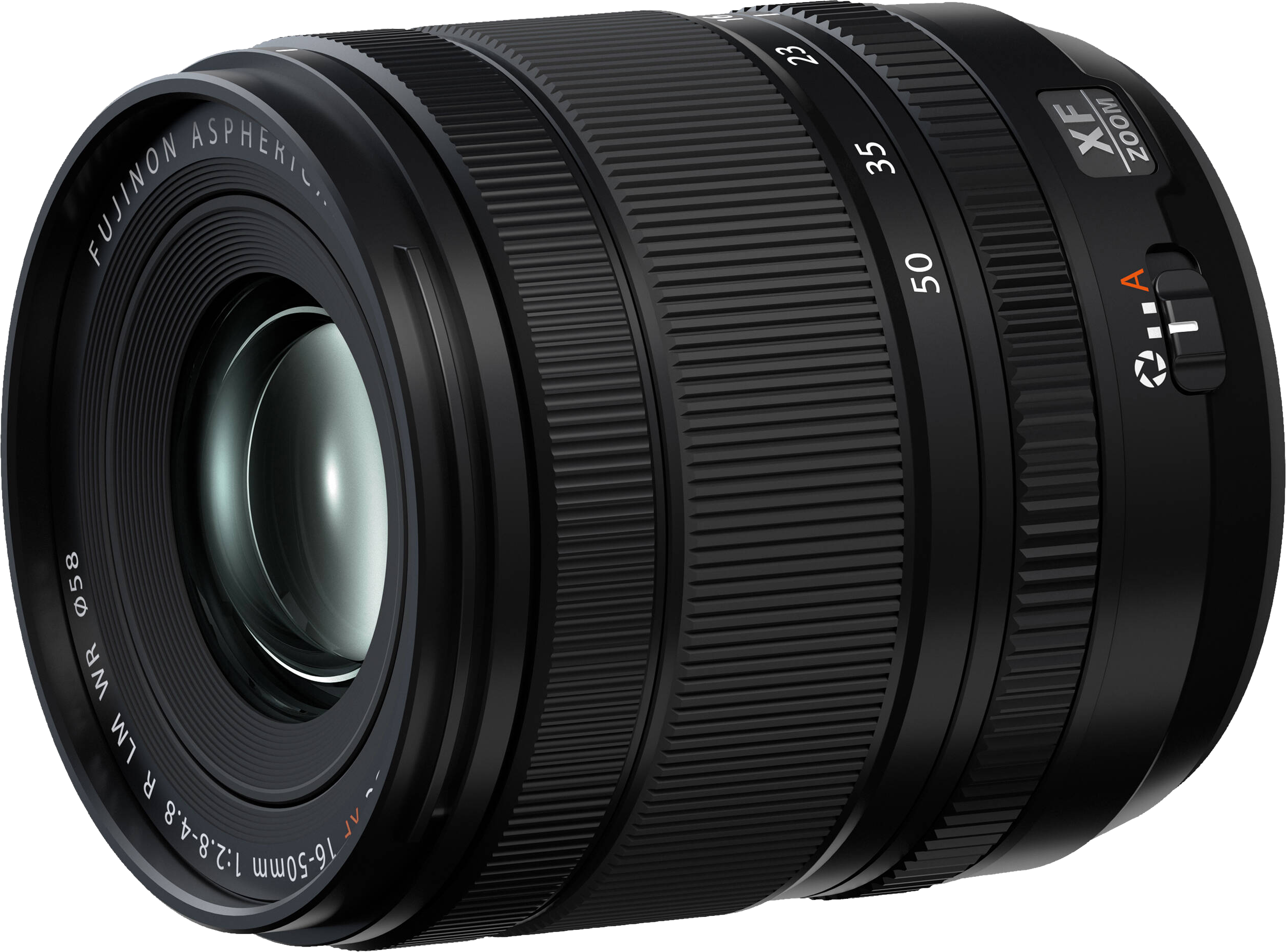 Obiettivo della fotocamera nero che mostra le marcature dell'obiettivo e le impostazioni dello zoom. L'obiettivo ha un corpo nero.