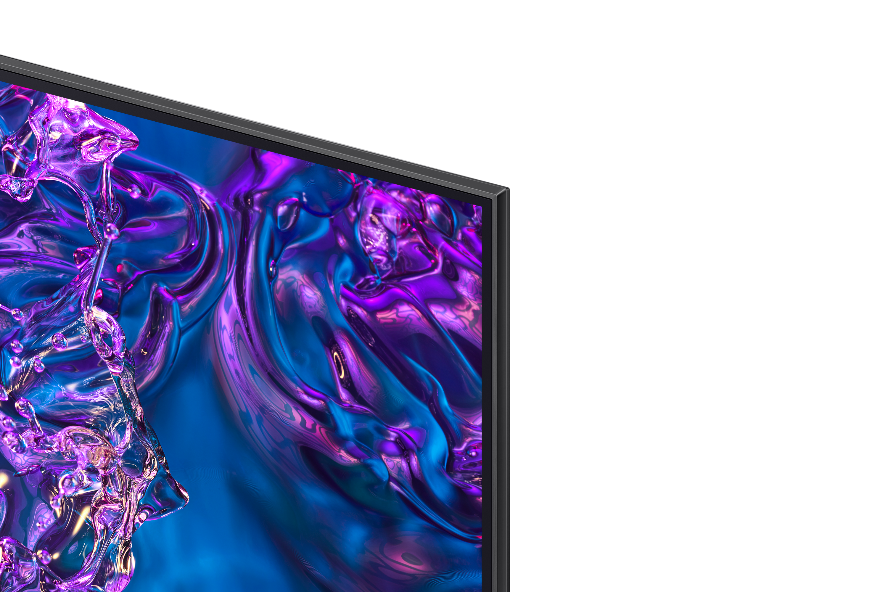 Zbliżenie zakrzywionego ekranu telewizora z fioletowo-niebieskim obrazem.