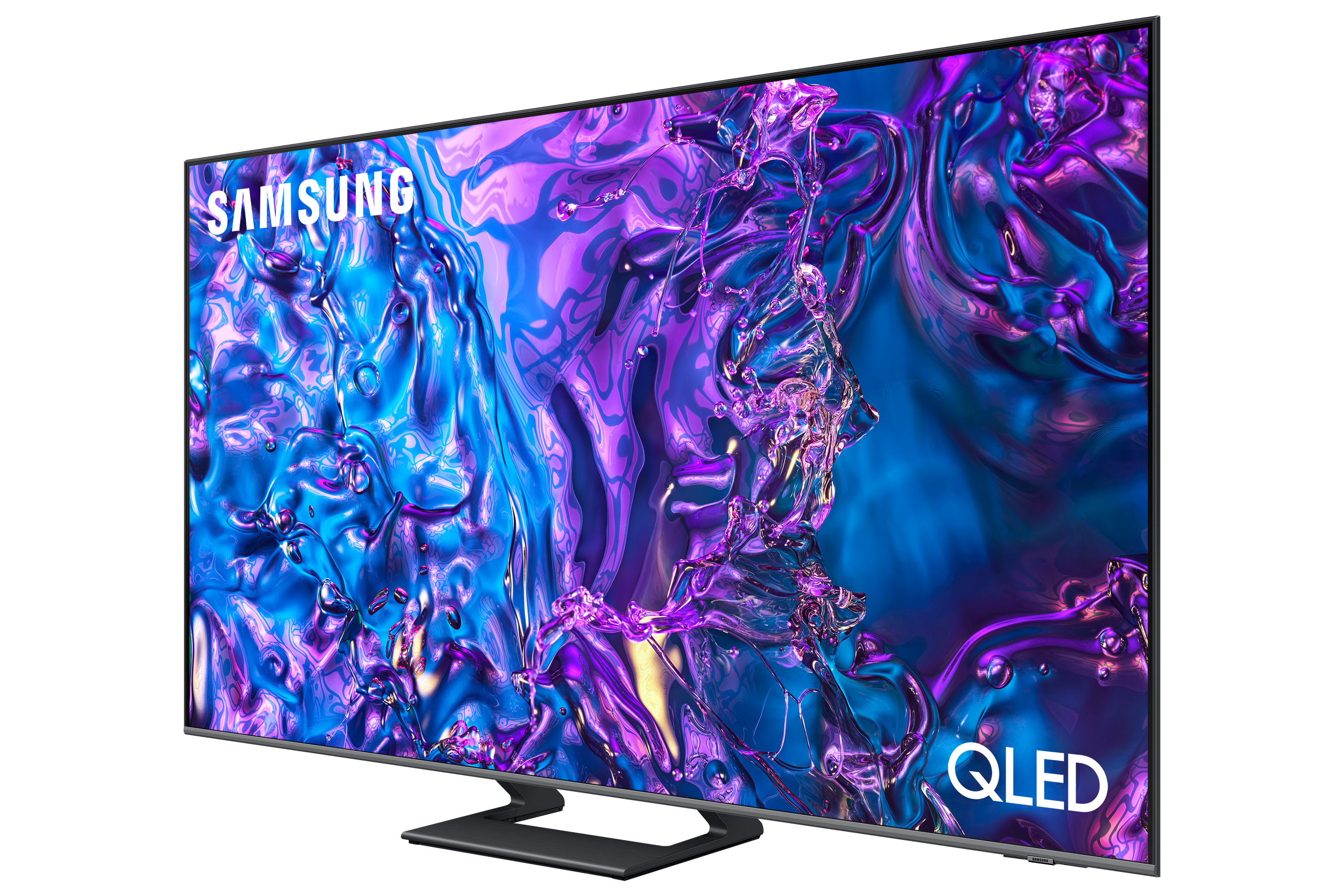 Duży telewizor z płaskim ekranem, czarna ramka, pokazujący kolorowy, abstrakcyjny obraz. Srebrna podstawa. Czarne tło.