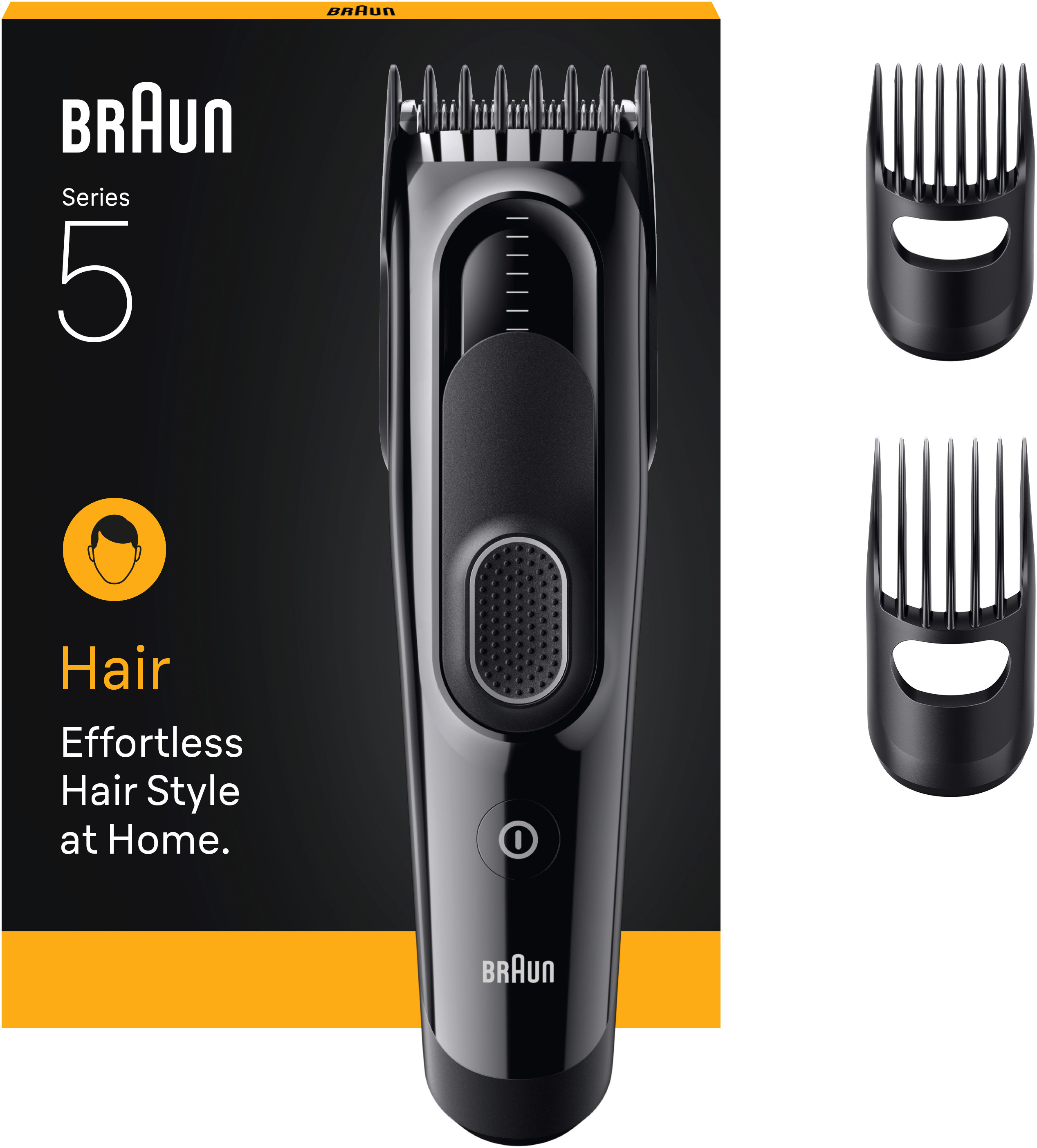 Braun Series 5 Haarschneider mit zwei Kammaufsätzen. Schwarz und eine gelbe Box.