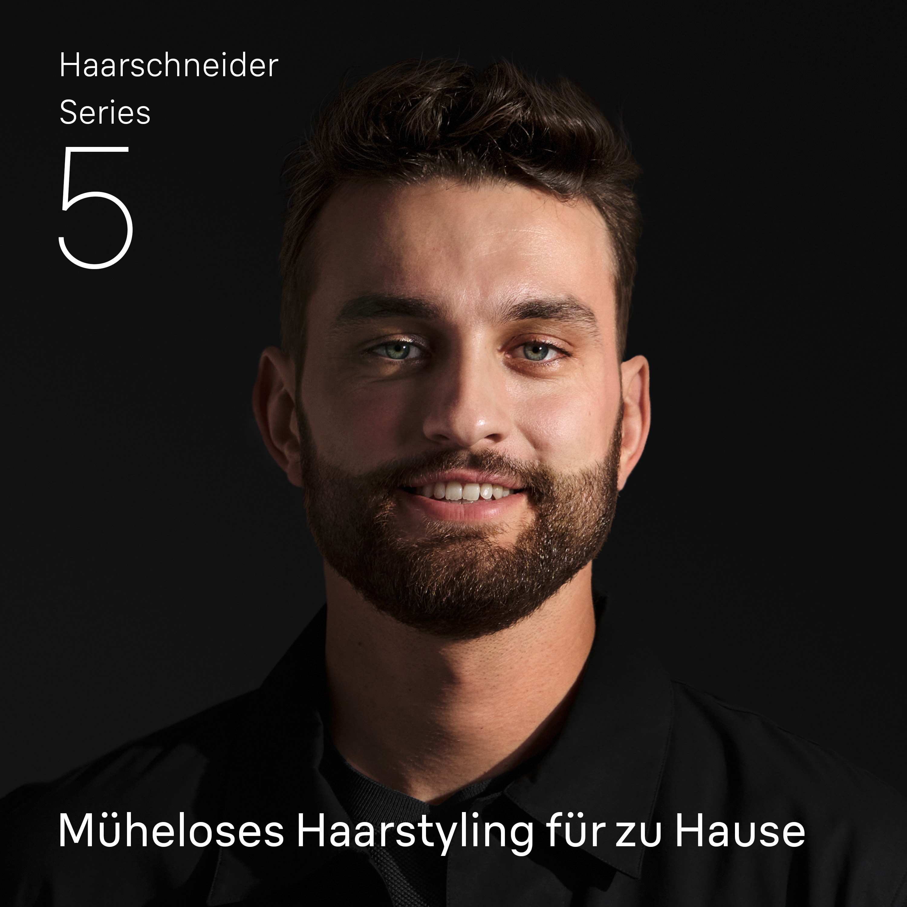 Ein Mann mit Bart lächelt. Es steht 'Haarschneider Series 5'.