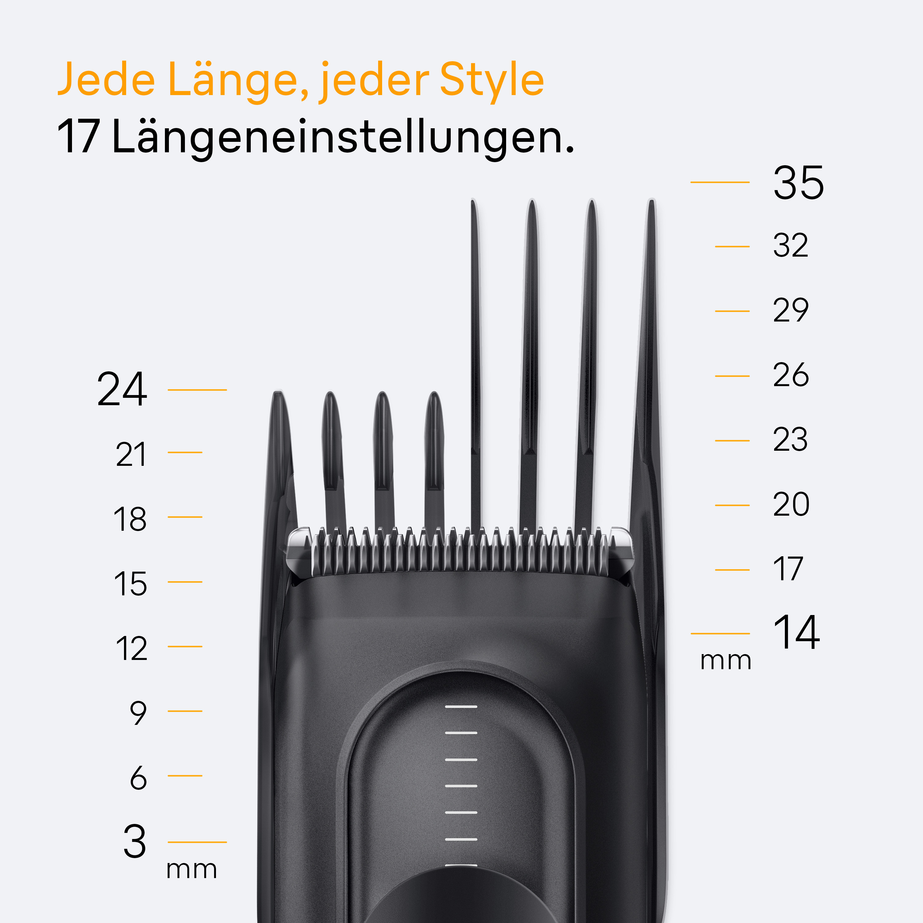 Nahaufnahme von Trimmerköpfen mit verschiedenen Längeneinstellungen.