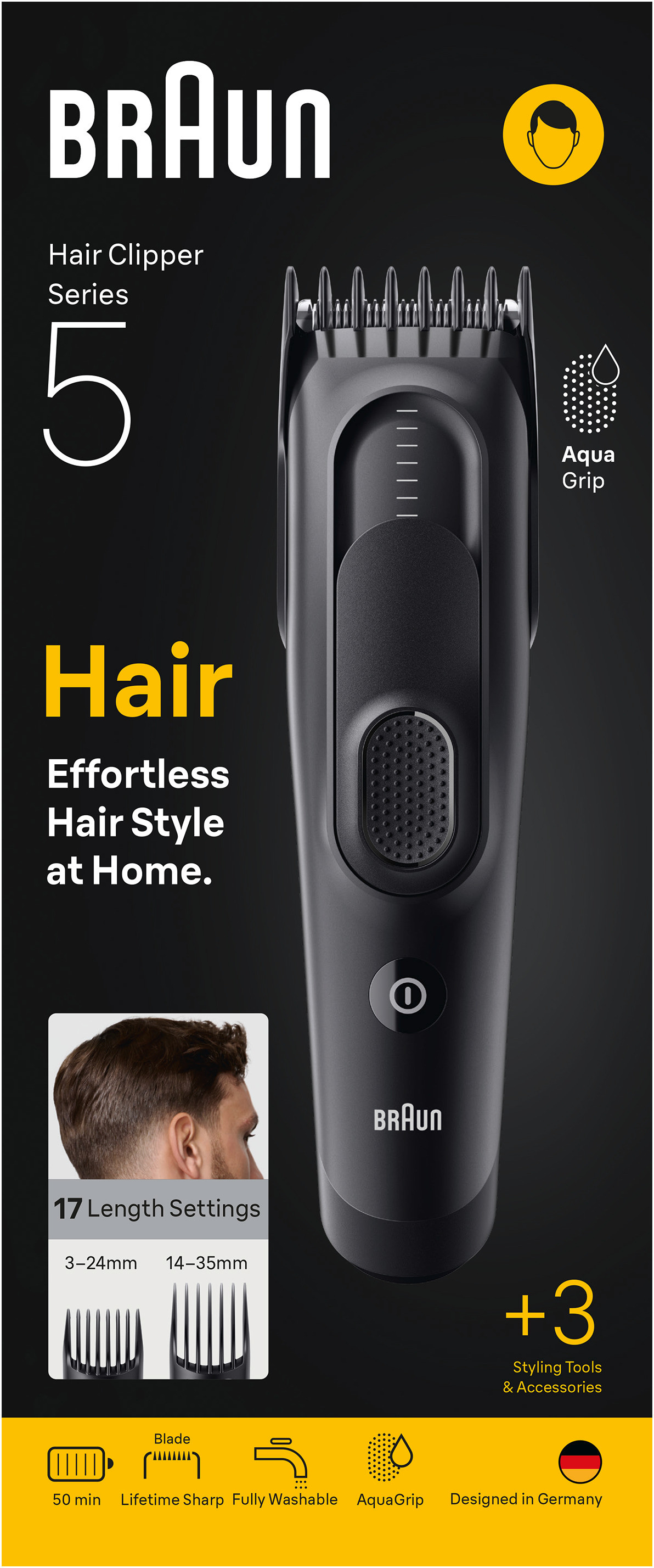 Schwarzer Braun Series 5 Haarschneider mit Klingen, Längeneinstellungen und Styling-Tools.