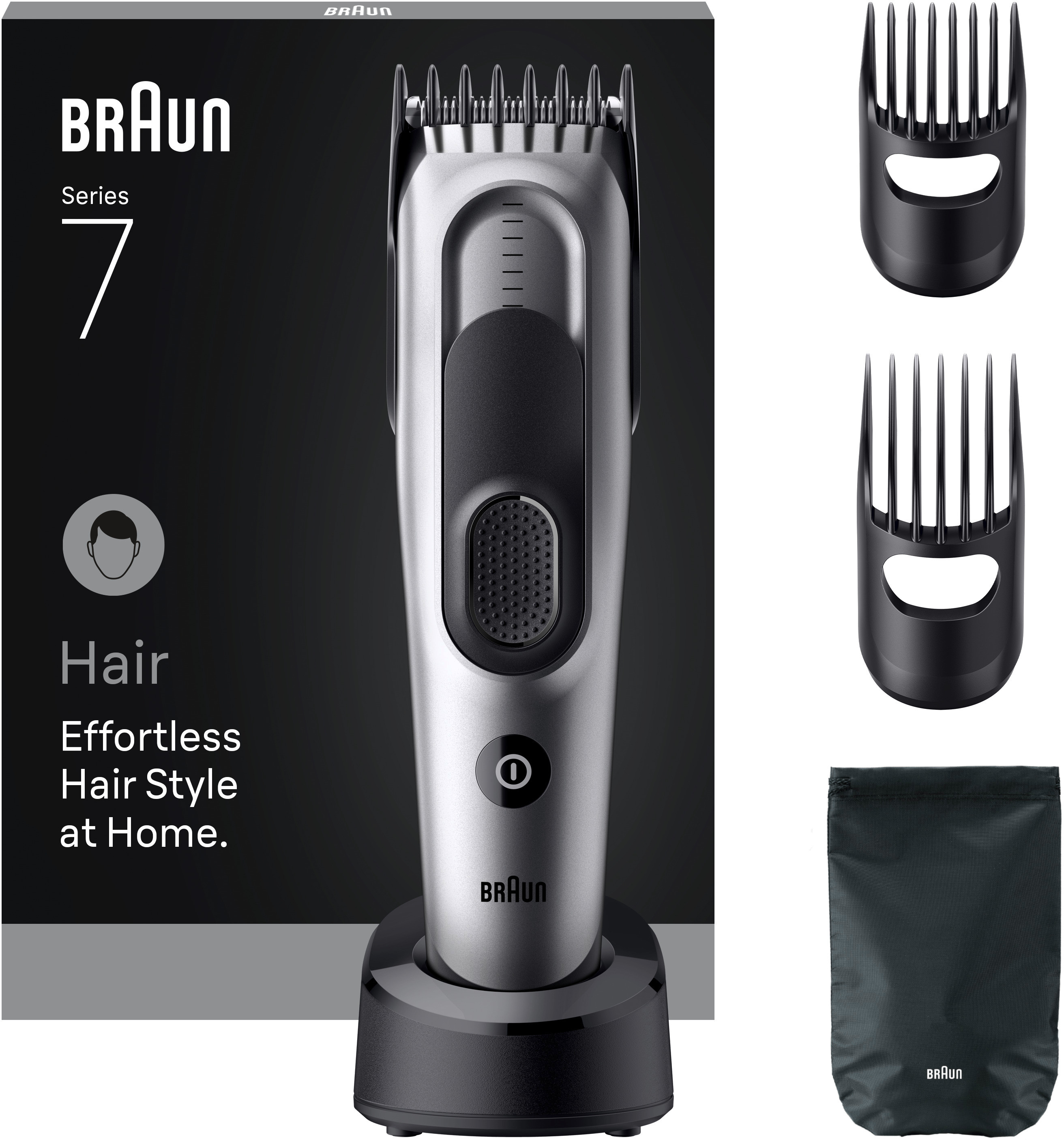 Kit de tondeuse à cheveux Braun Series 7. Comprend une tondeuse, un socle de charge, des guides et une pochette. Noir et argent.