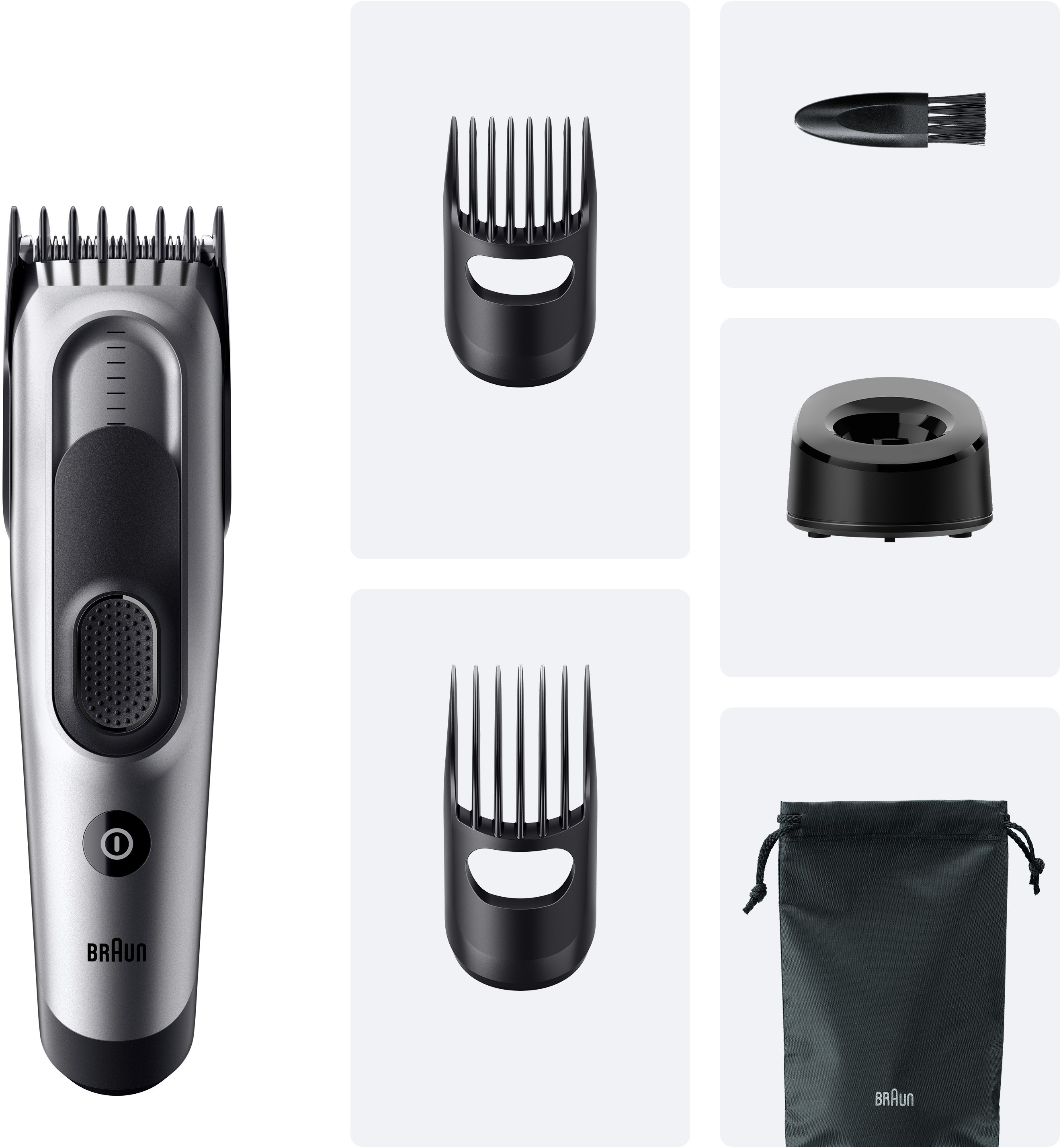 Diverses pièces d'une tondeuse à cheveux, dont des lames et un sac de transport.