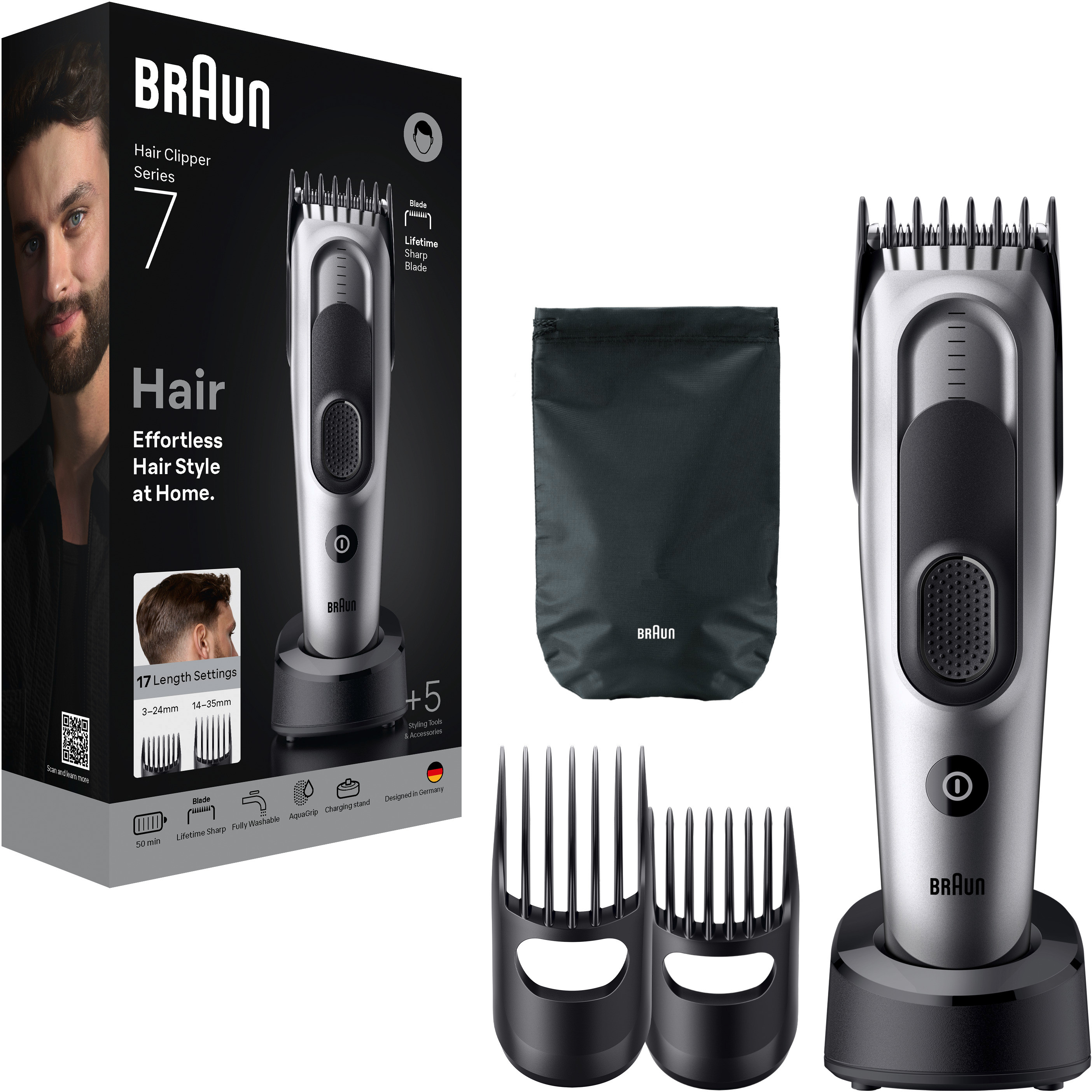 Tondeuse à cheveux Braun Series 7 avec accessoires, sur fond blanc.